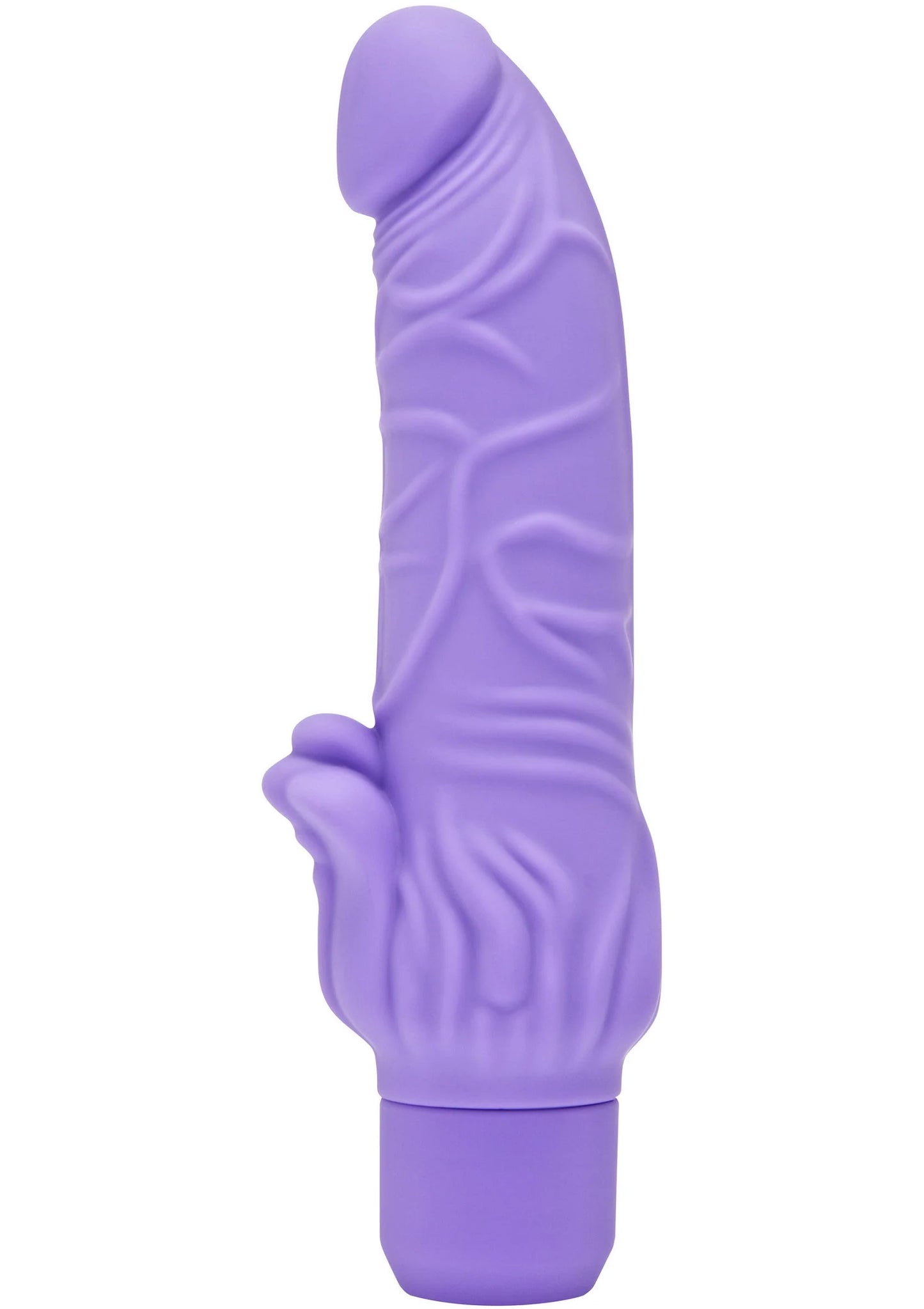 Lila vibrator met bolle kop en duidelijke reliƫfstructuur op de schacht.