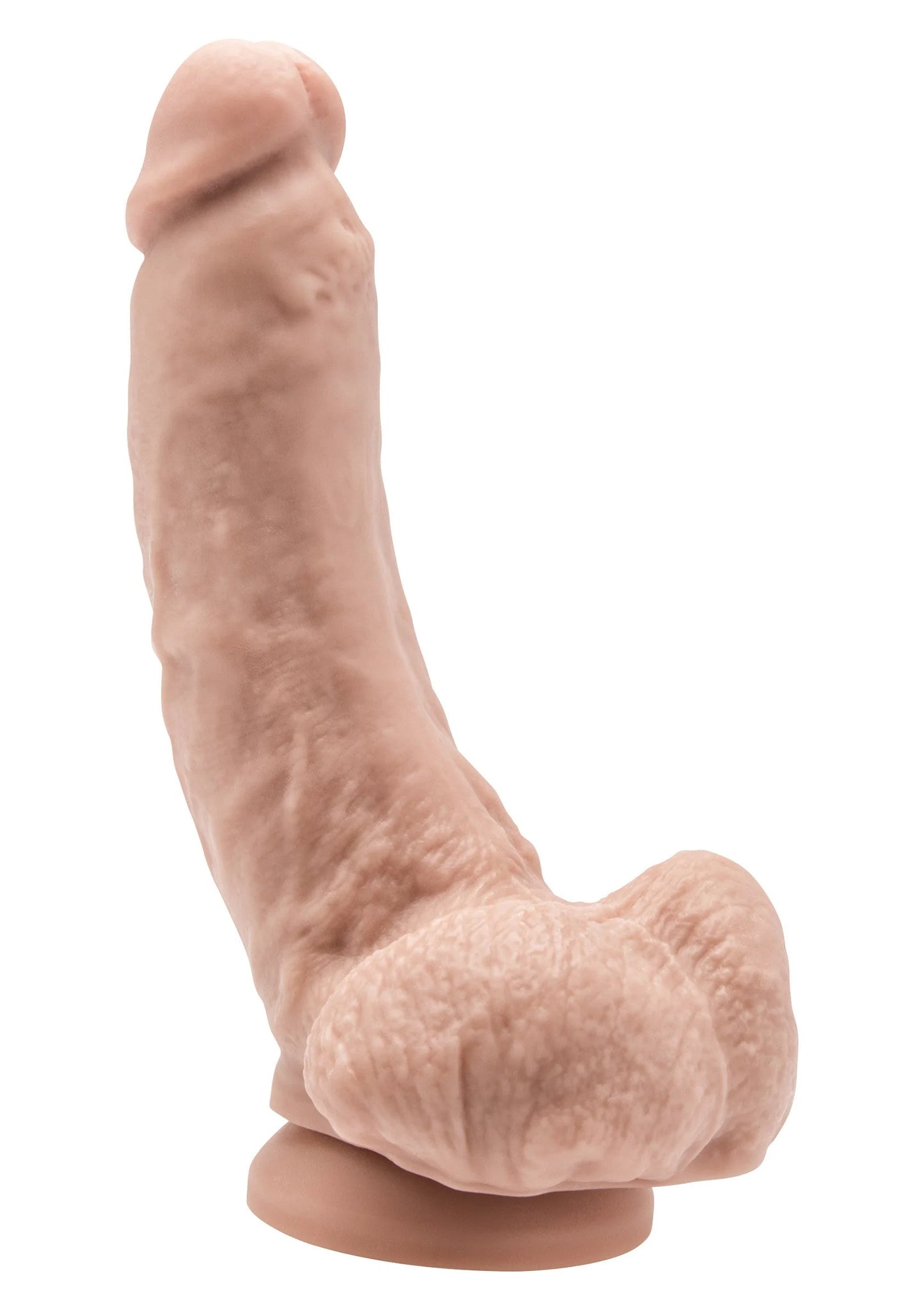 Roze PVC dildo met brede basis en afgeronde kop.