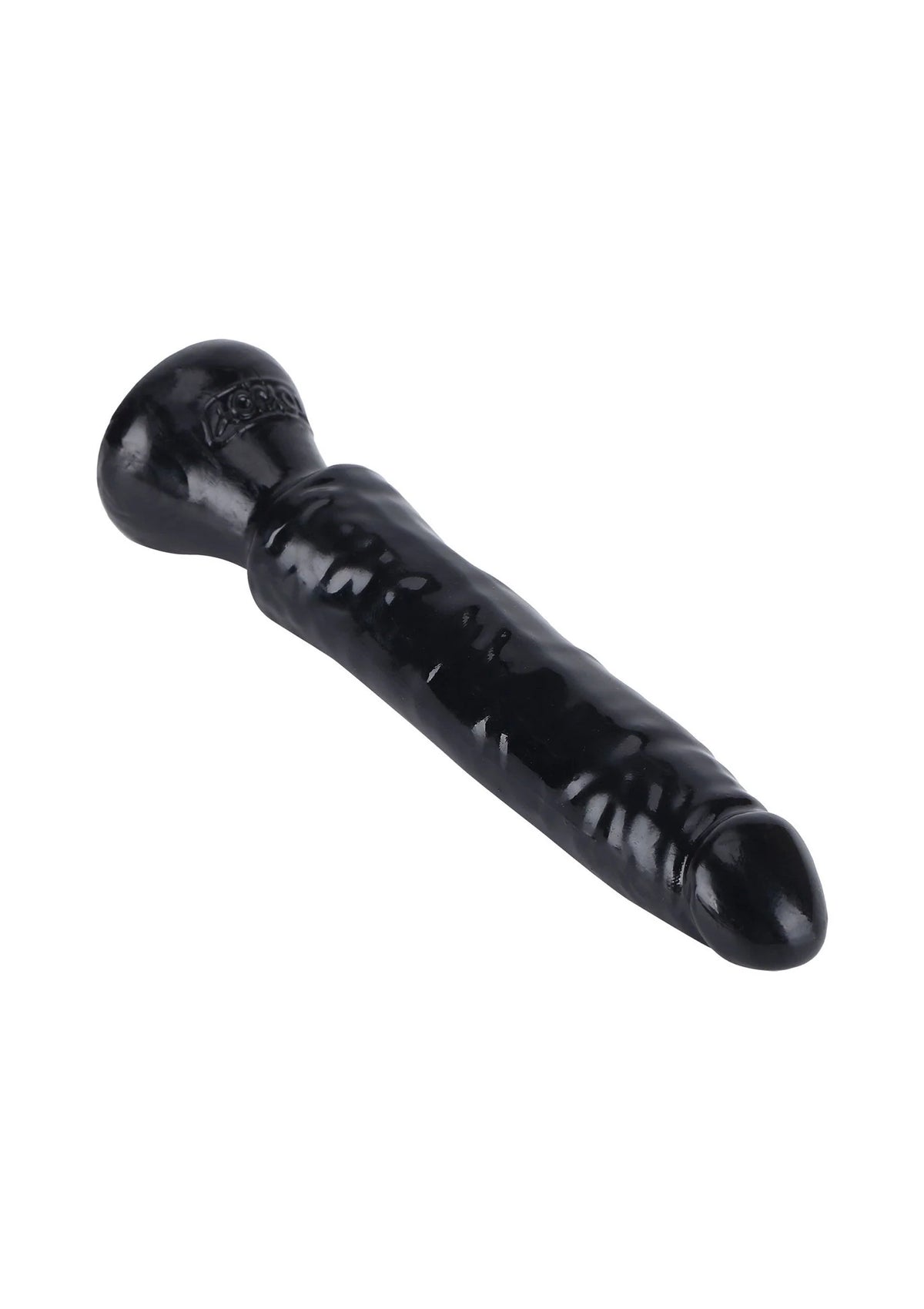 Zwarte PVC dildo, schuine weergave met brede basis en smalle punt