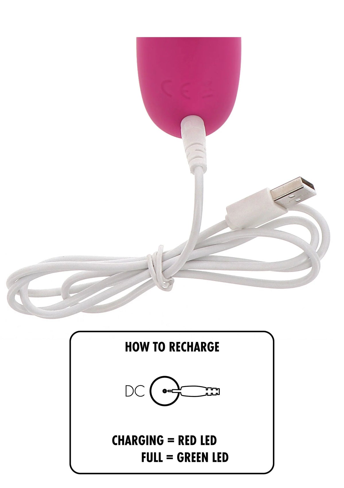 Roze vibrator met USB-laadkabel en laadindicatie, ‘HOW TO RECHARGE’ zichtbaar