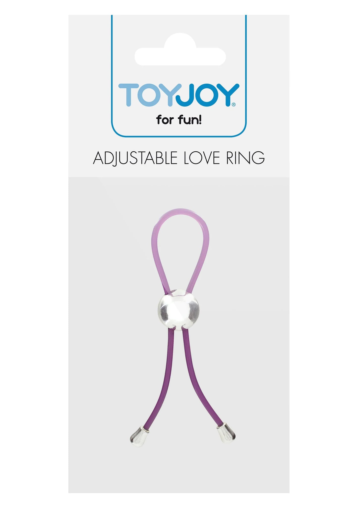 ToyJoy verstelbare liefde-ring op verpakking, paarse lus met zilveren hartvormige knop