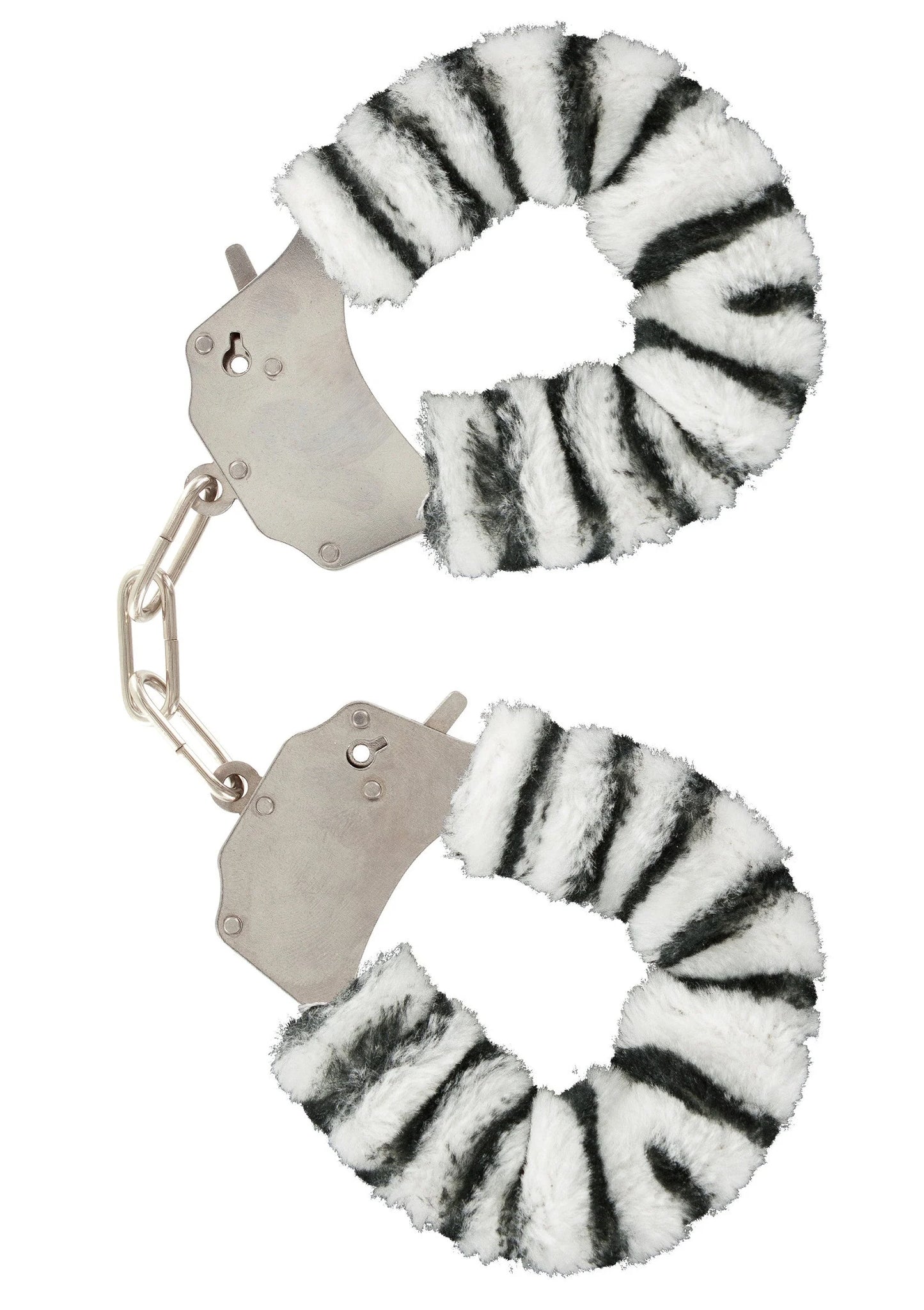 Harige boeien met zwart-witte tijgerprint en metalen handboeien