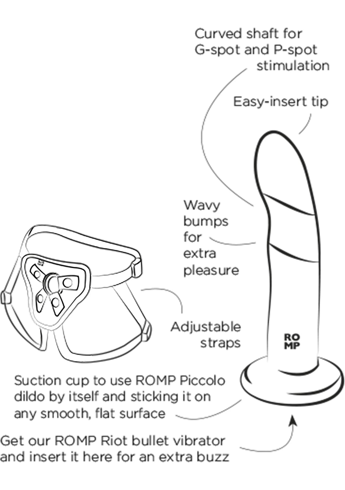 Romp Piccolo pegging-kit: technische schets met zuignap en verstelbare riemen