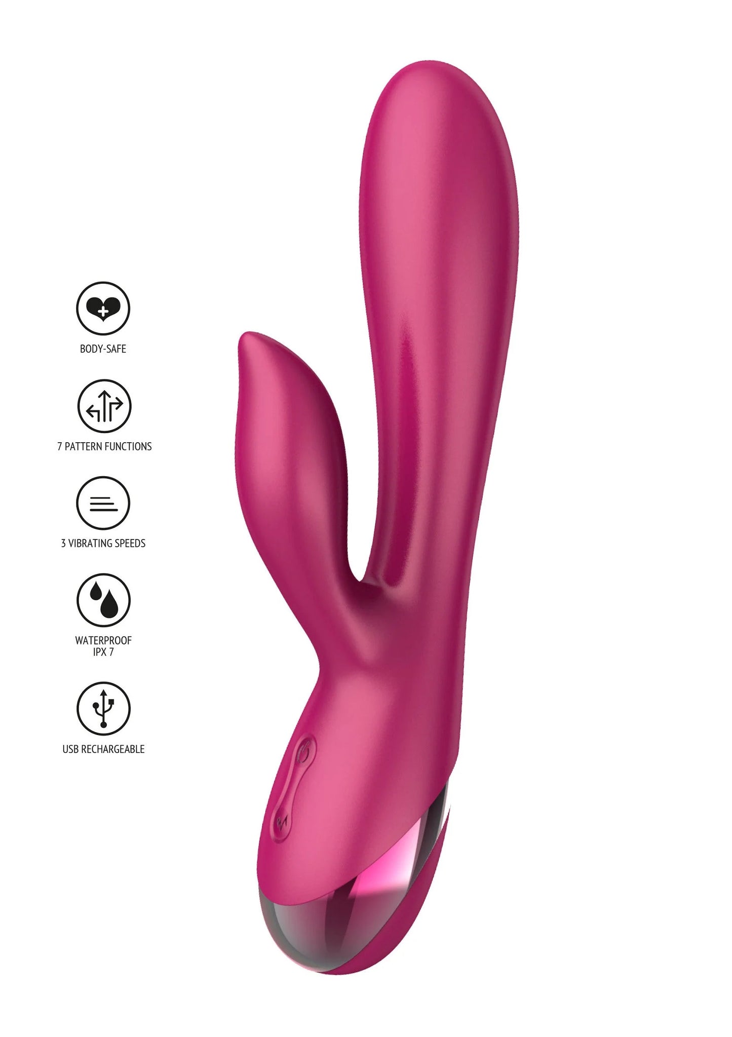 Roze Xocoon vibrator met kenmerkpictogrammen: waterdicht, oplaadbaar en functies