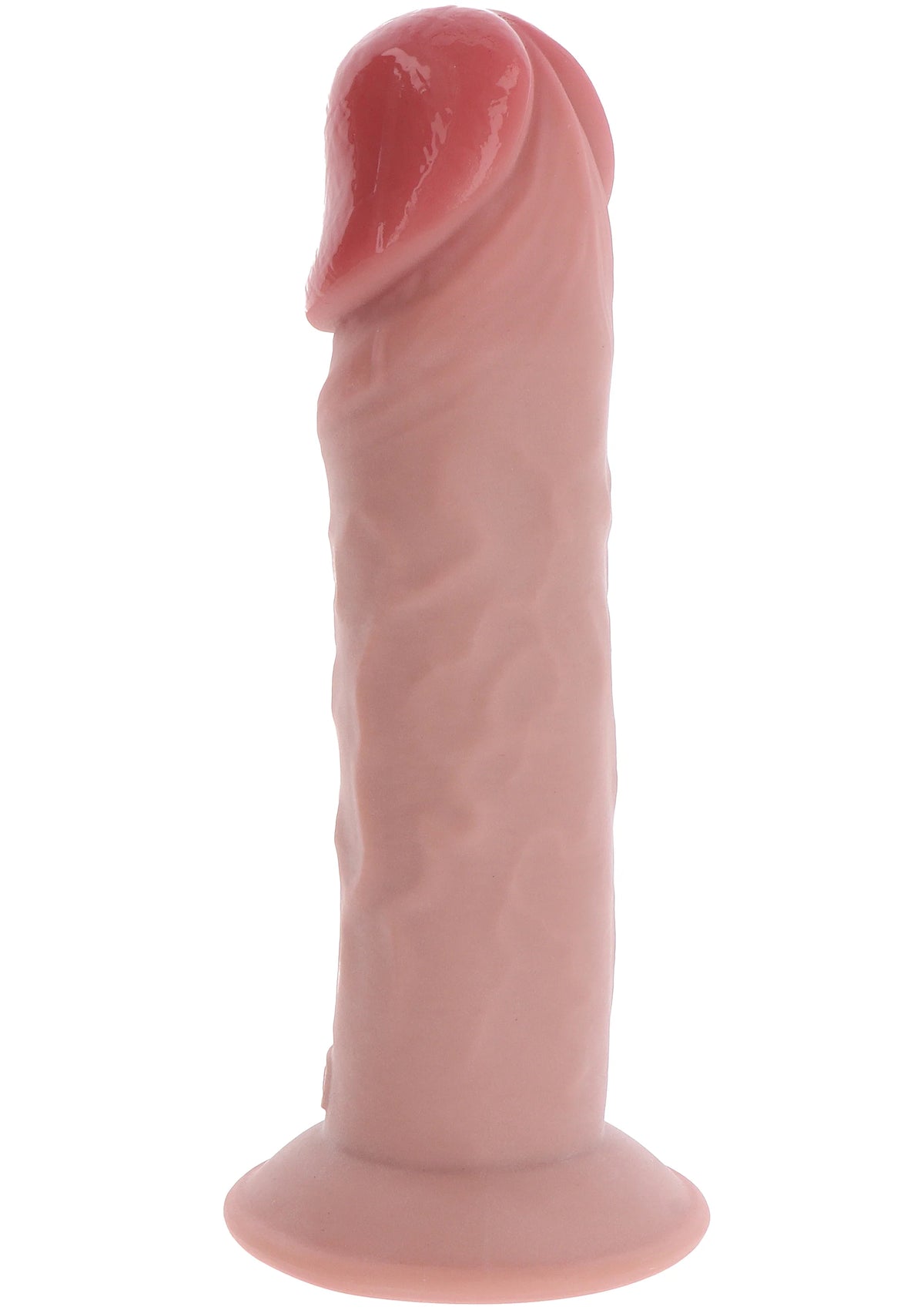 Roze TPE dildo van voren, afgeronde kop en brede voet, glad oppervlak