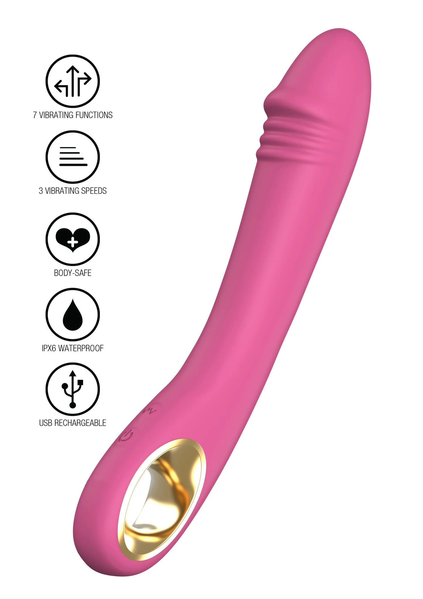 Roze vibrerende vibrator met pictogrammen voor 3 snelheden en laadbaar ontwerp.