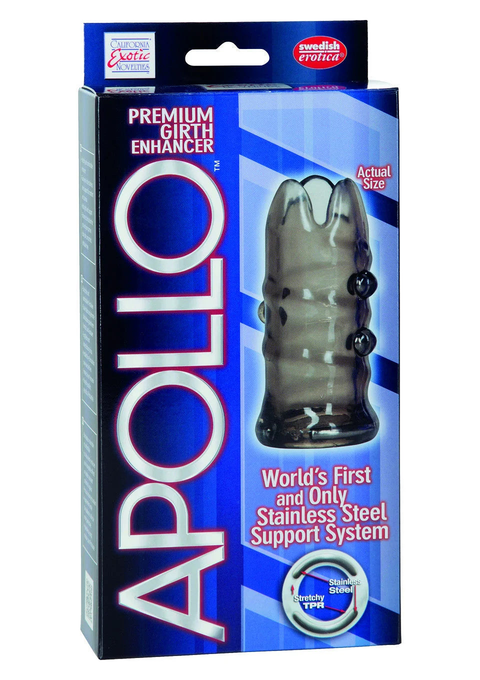 Doos met productfoto van CalExotics Apollo Premium girth enhancer penis-mouw, blauw