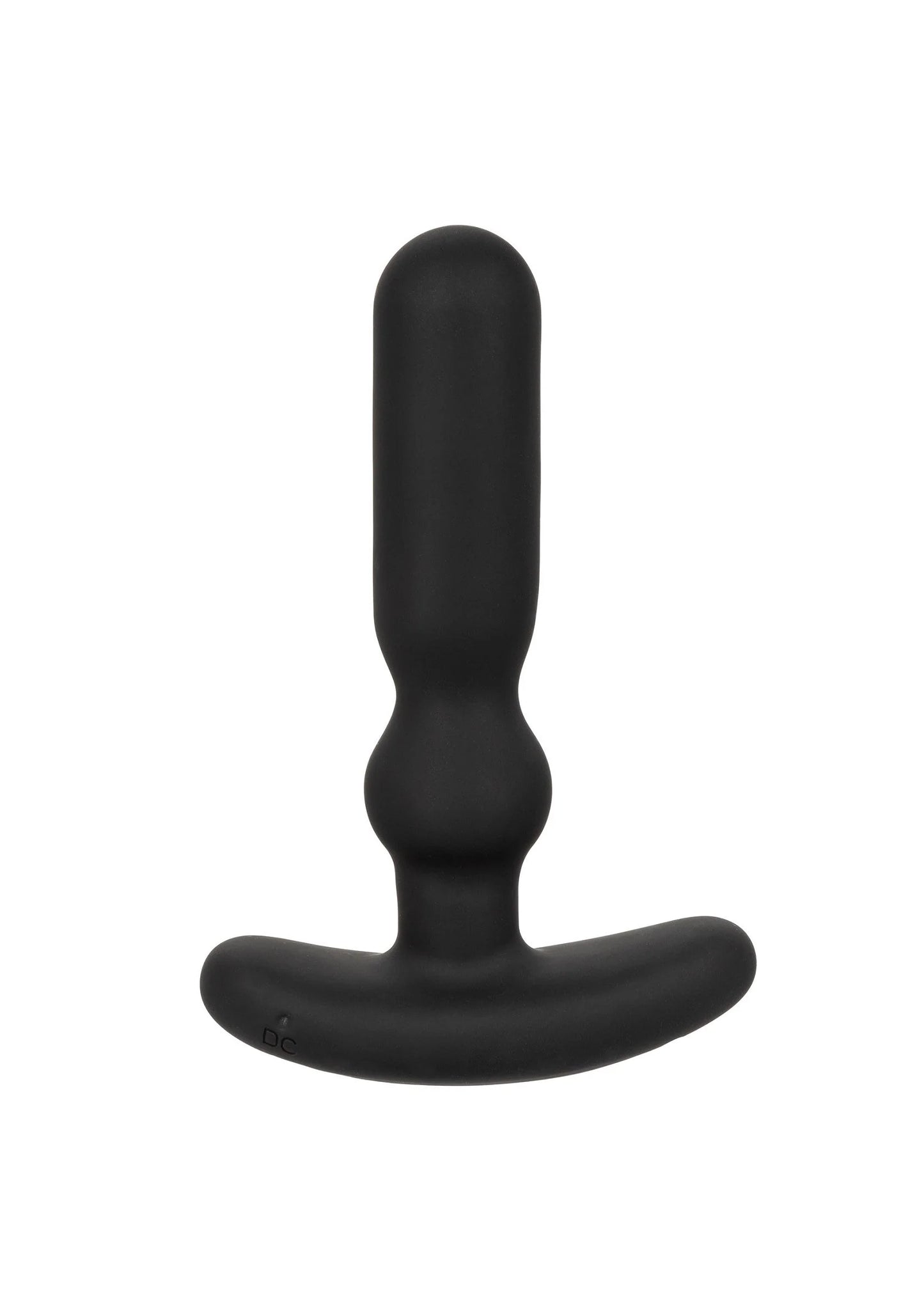 Zwarte COLT anal-T vibrator recht van voren; glad oppervlak en brede gebogen voet