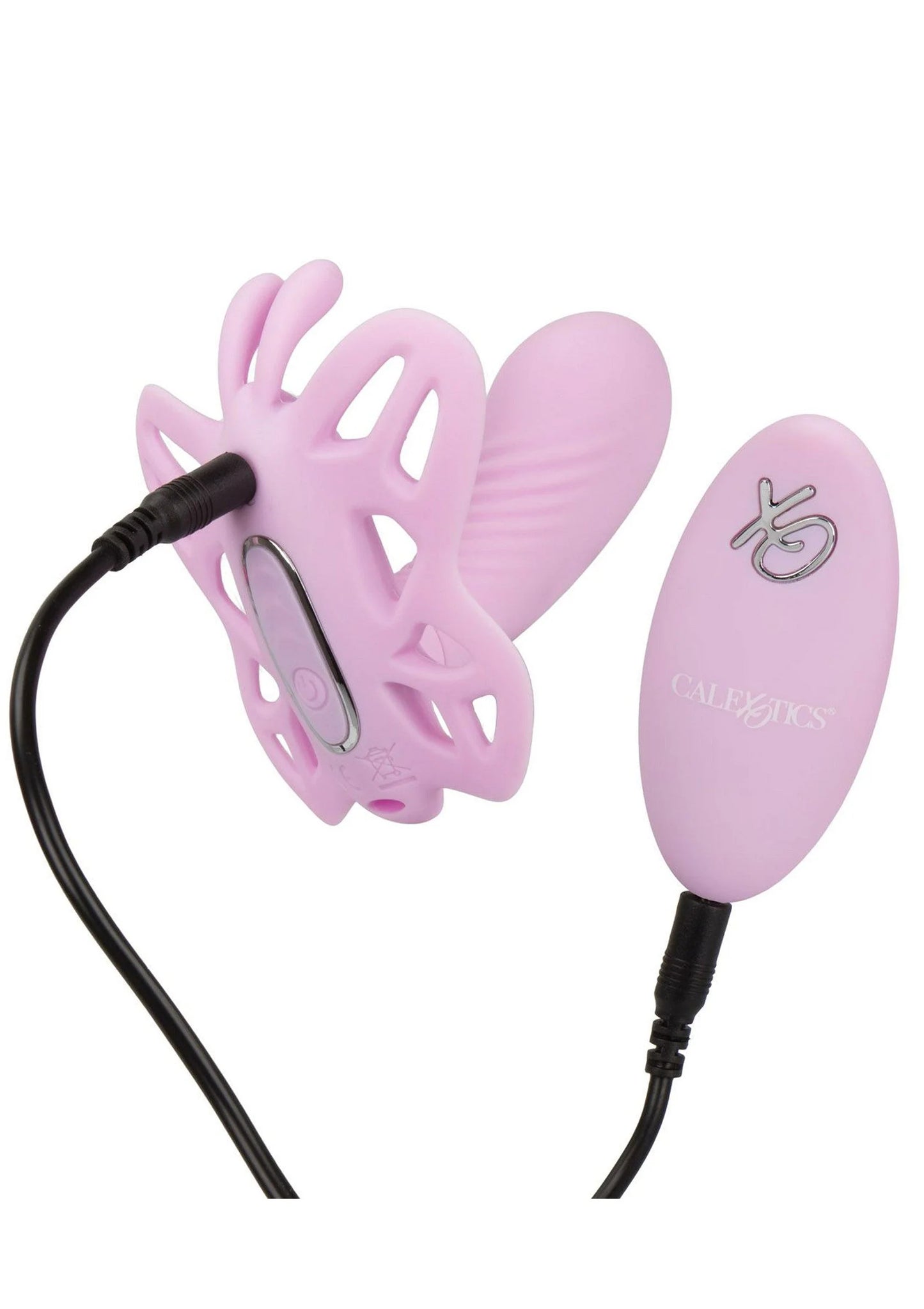 Roze siliconen butterfly-vibrator met zwart snoer en afstandsdeel, opengewerkte vleugels