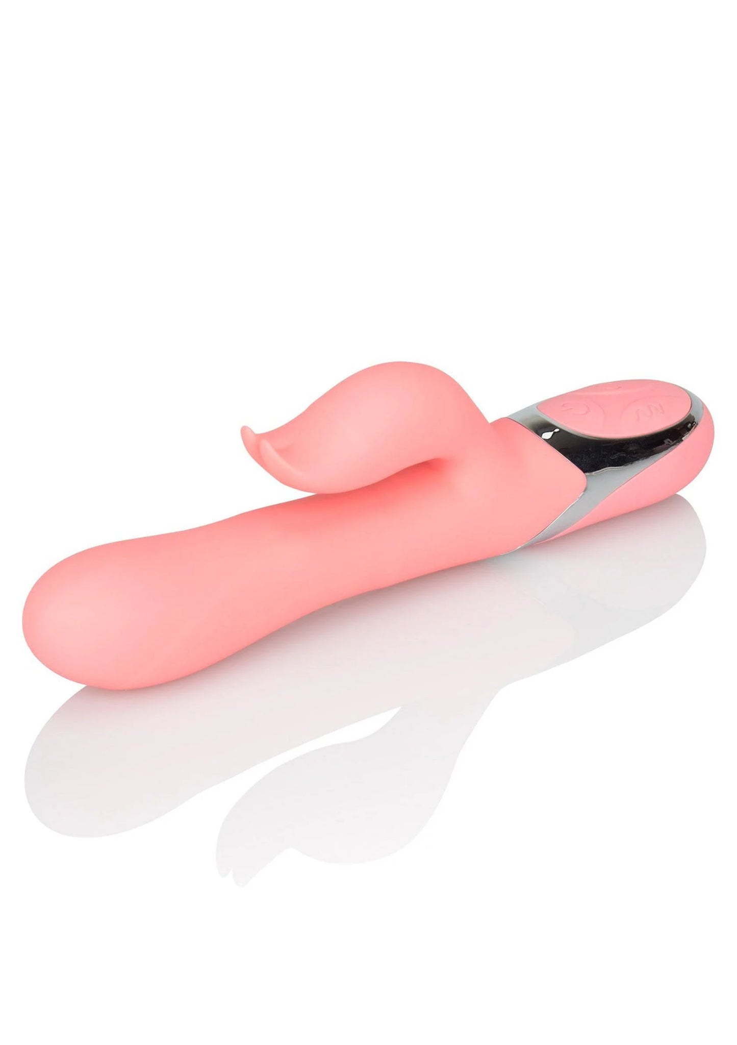 Roze dubbele vibrator plat opzij, met zwart knopgedeelte en ronde onderkant