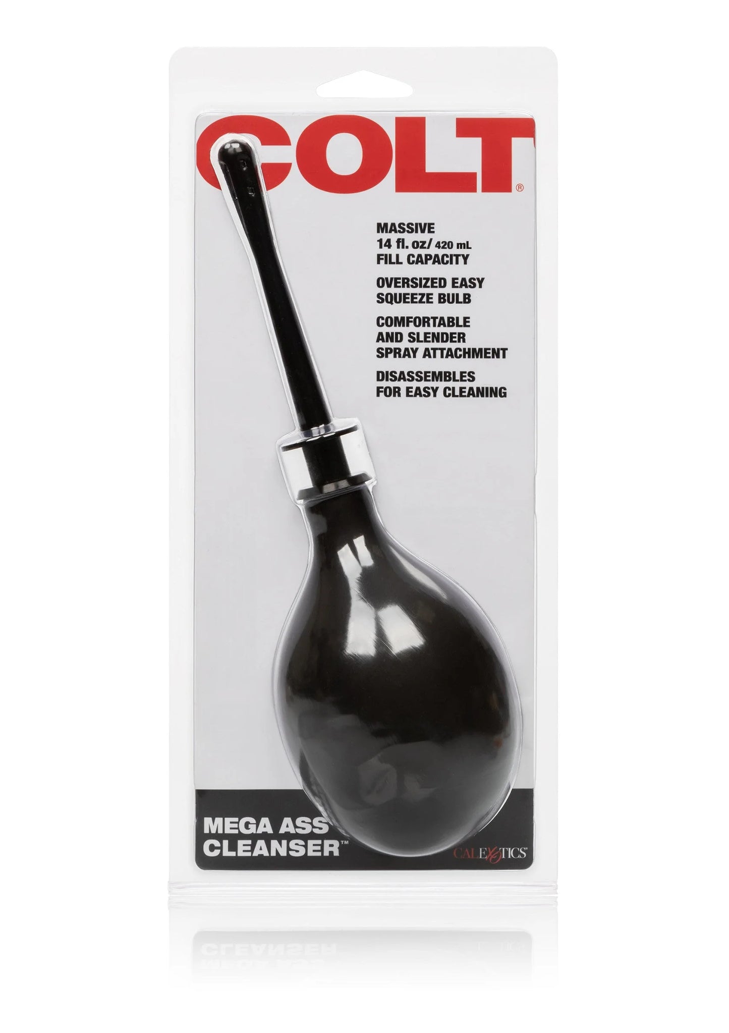 COLT blisterverpakking met zwarte anale douche-opzet en reservoirbol met steel.