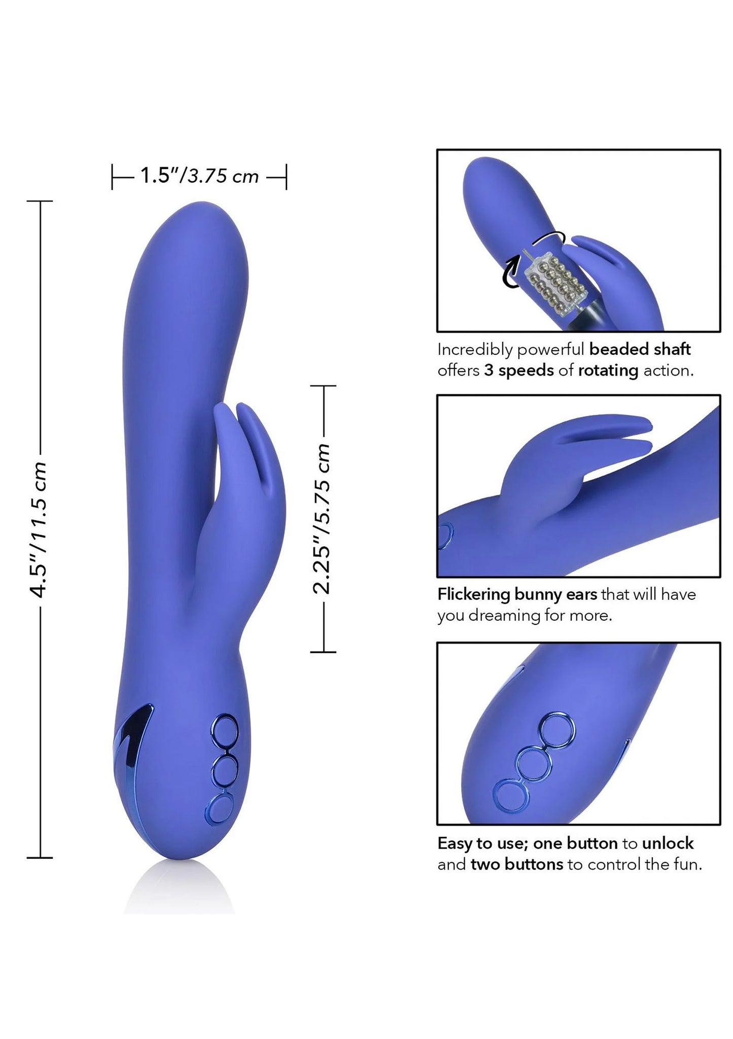 blauwe konijnenvibrator met afmetingen en close-up van bedieningskant