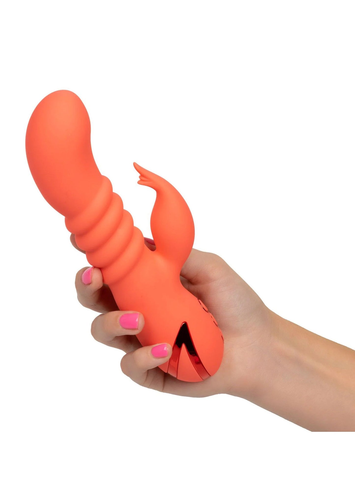 Oranje siliconen G-spot massager vastgehouden in hand, gebogen met noppen