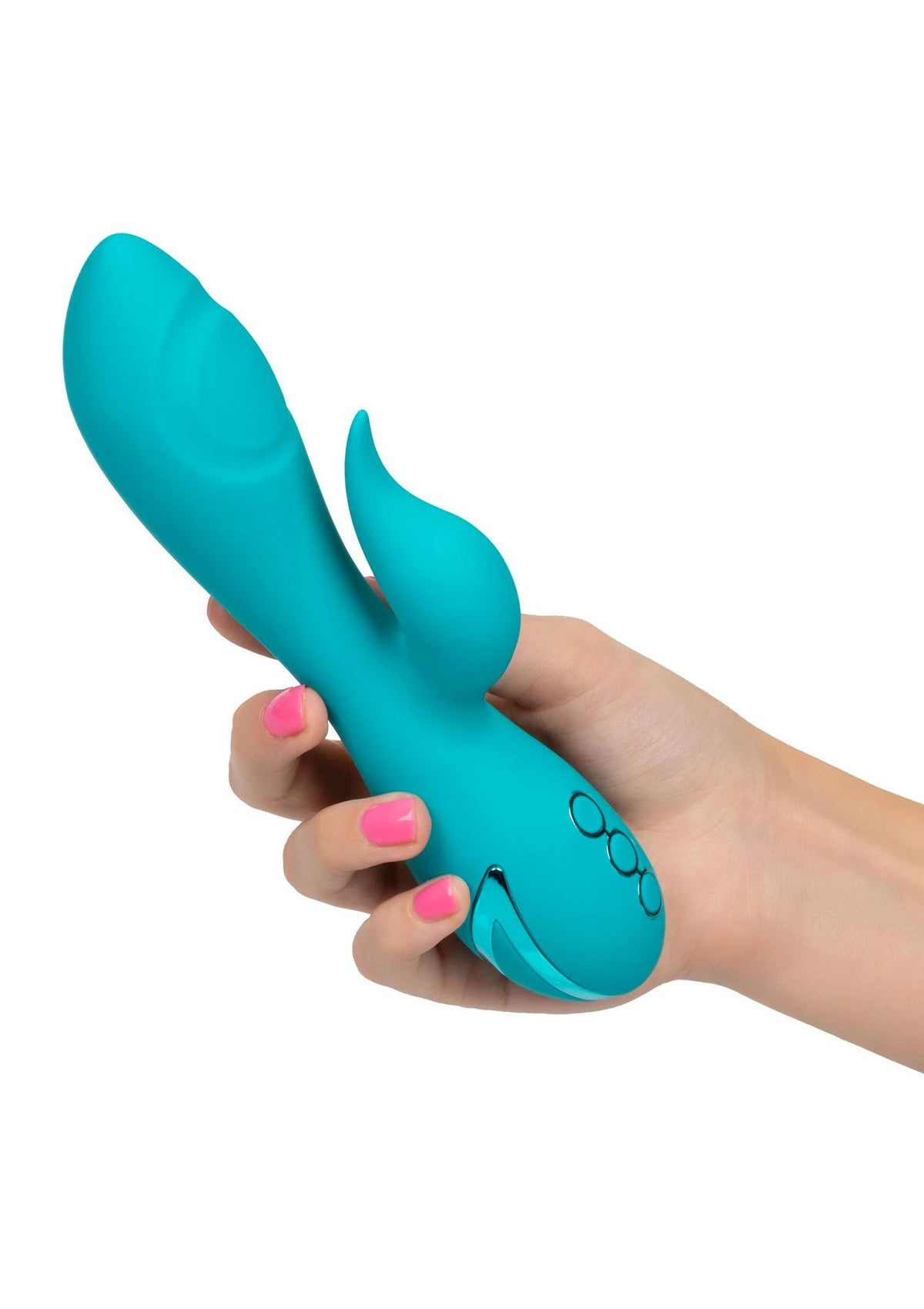 Turquoise siliconen vibrerende dildo in hand, roze nagellak, zijdetail
