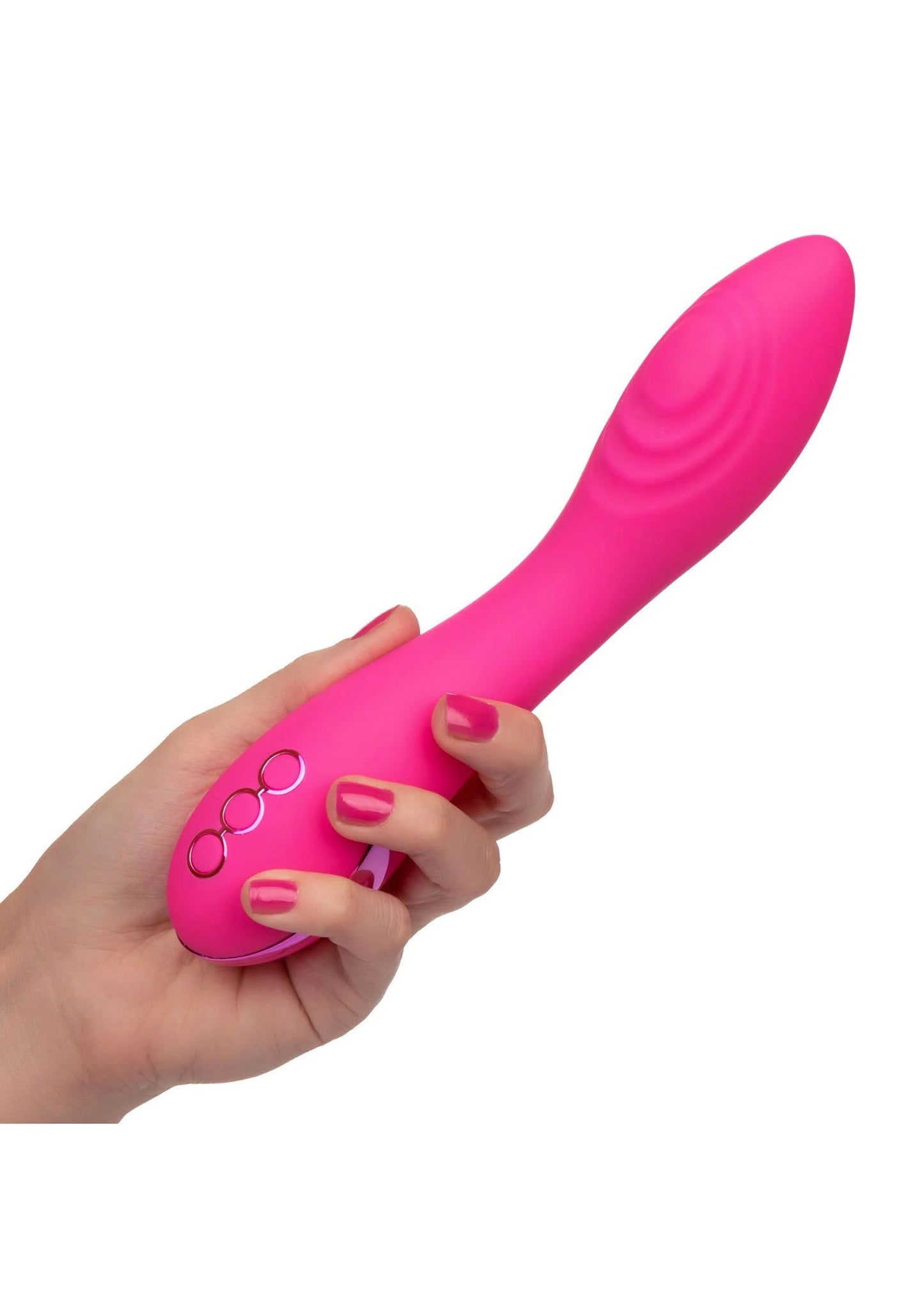 Roze siliconen vibrator in hand met drie ronde knoppen aan onderzijde