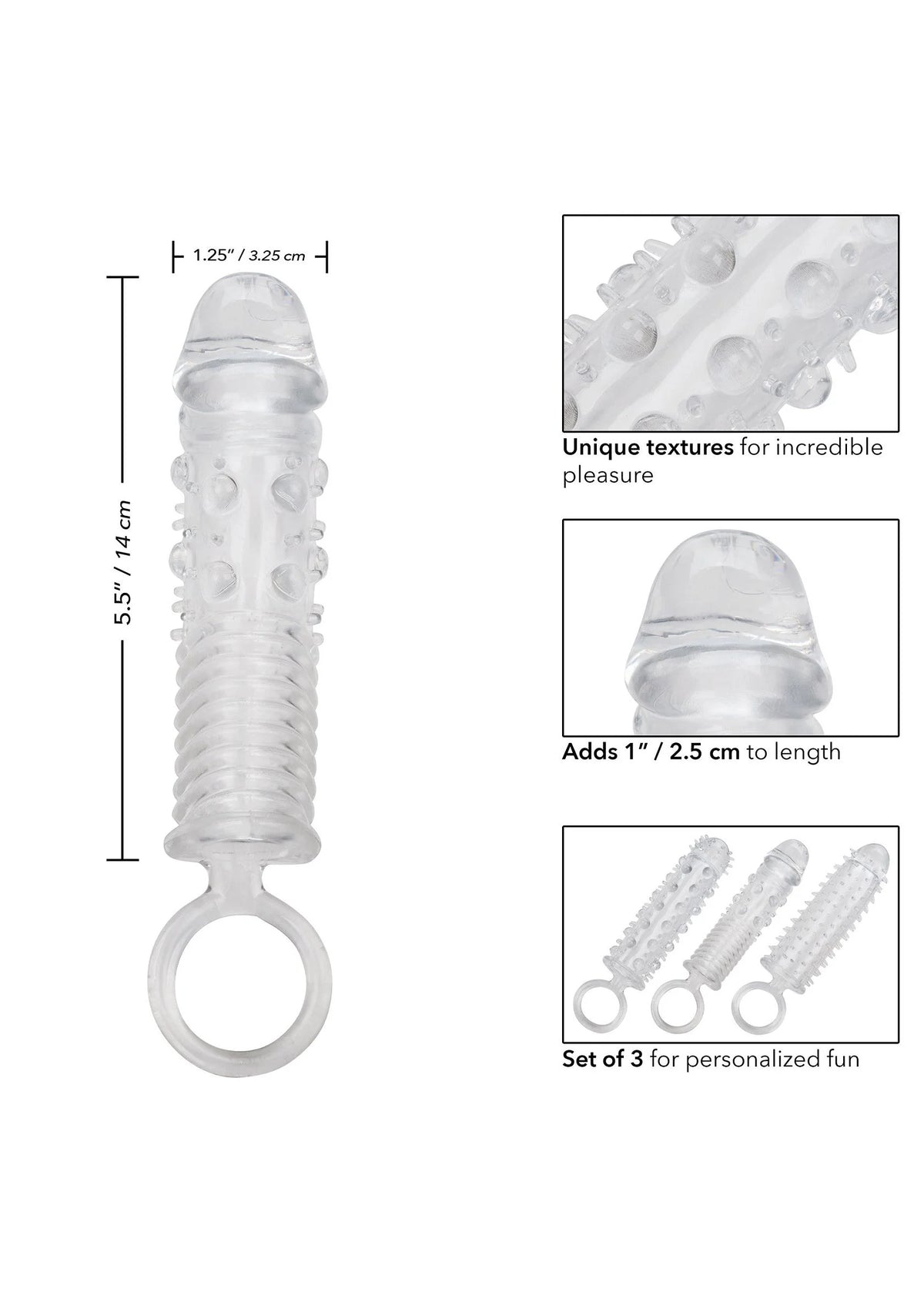 Bestel: 3 Piece Textured Extension Set by CalExotics - bij Happytoys.nl, happytoys.be, Happytoys.ae: erotische sex webshop | liever Happy dan Easy ⭐⭐⭐⭐⭐