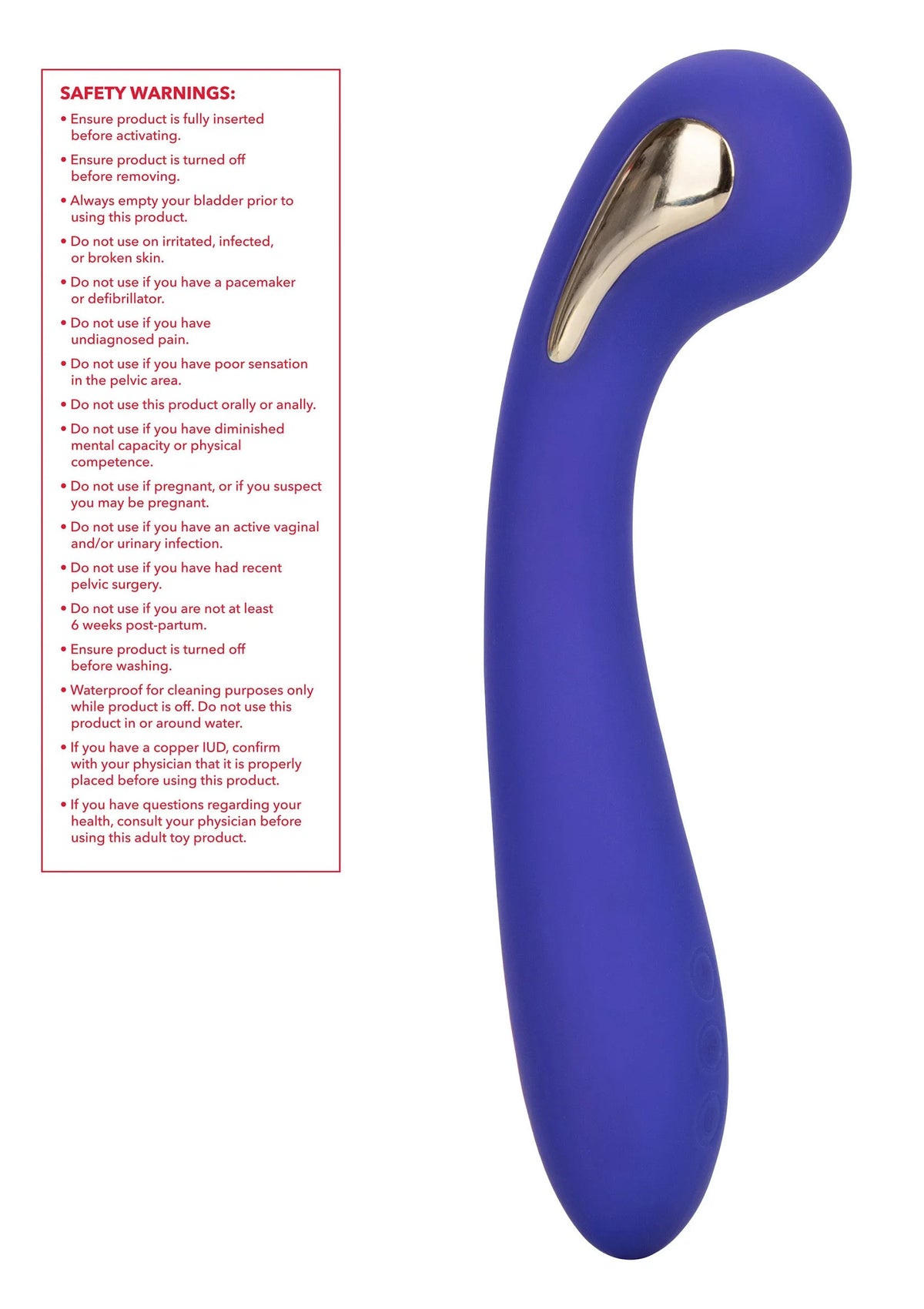 Blauwe gebogen vibratorkop met zilveren metalen punt, staande weergave.