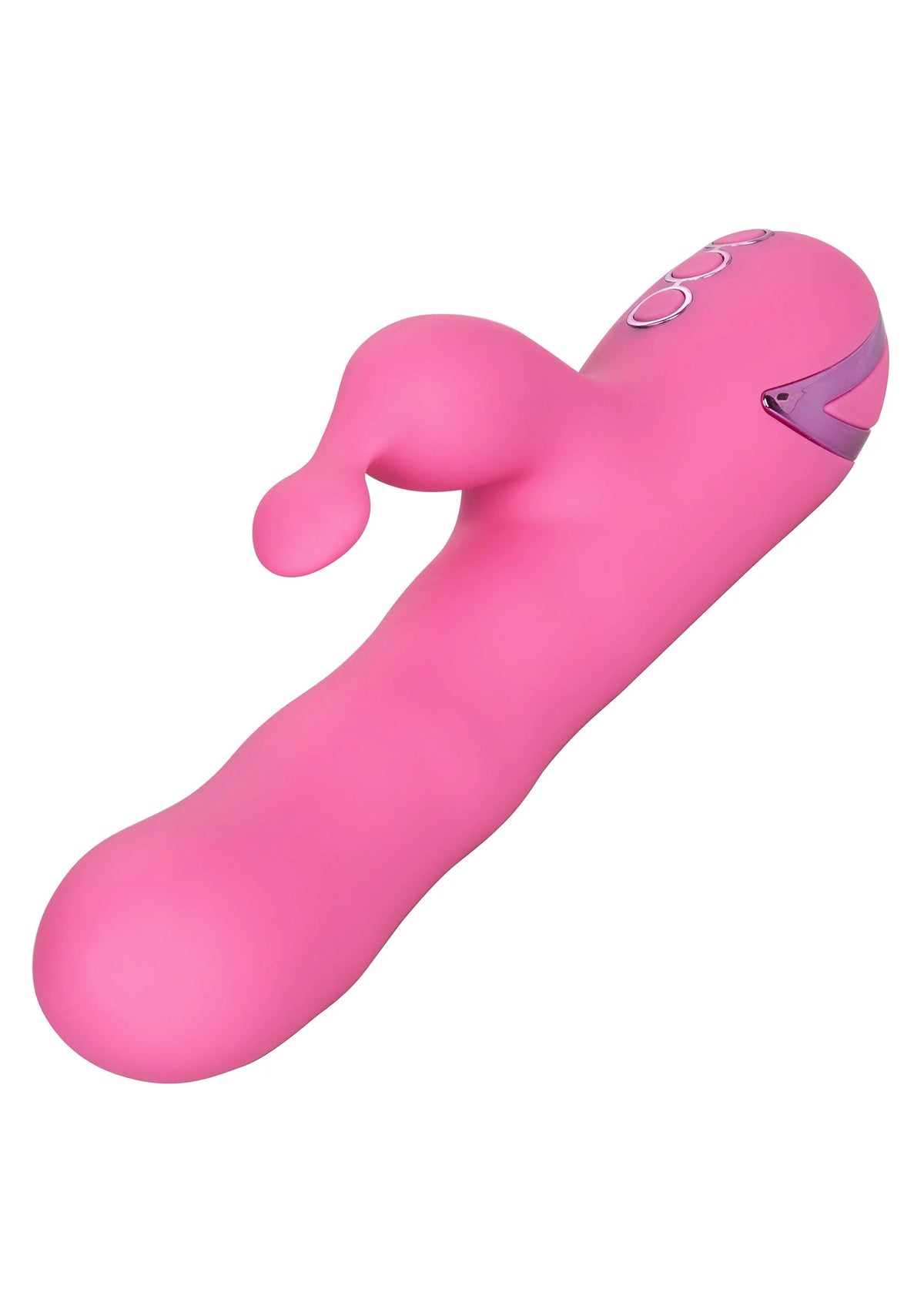 Roze vibrator van boven gezien met afgeronde kop en knoop/bedieningsvlak aan zijkant.