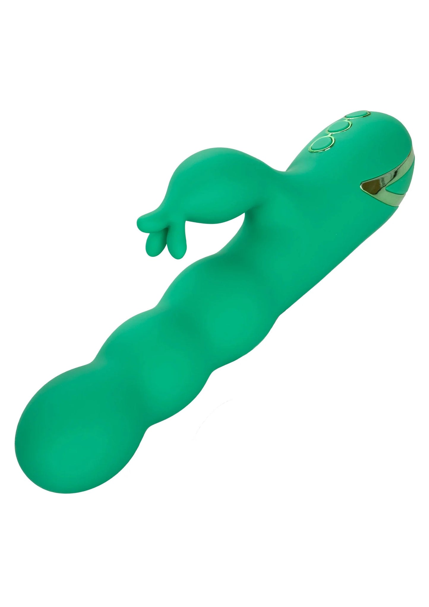 Groen seksspeeltje met ronde kop en gegraveerd/bedekt ornament op de top