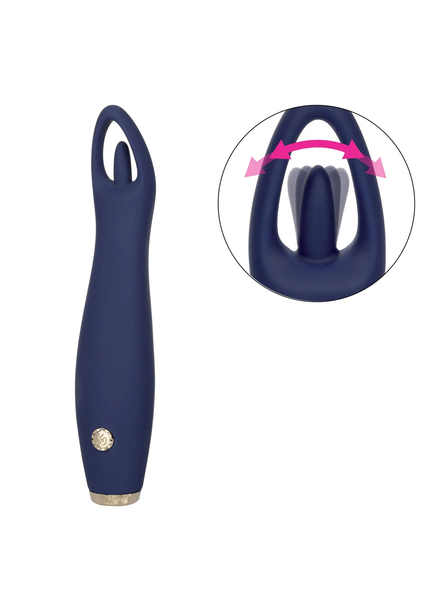 Donkerblauwe vibrator met ovale opening en goudkleurige stip; zijaanzicht