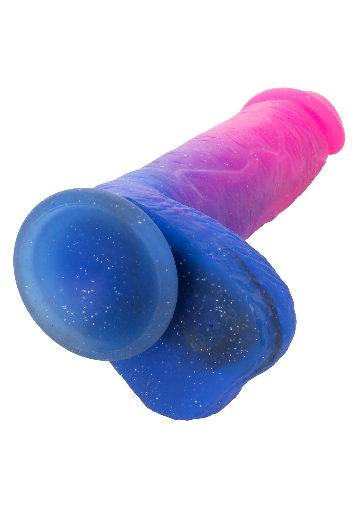 Vibrerende dildo close-up, ombré blauw en roze met ronde uiteinden en textuur.