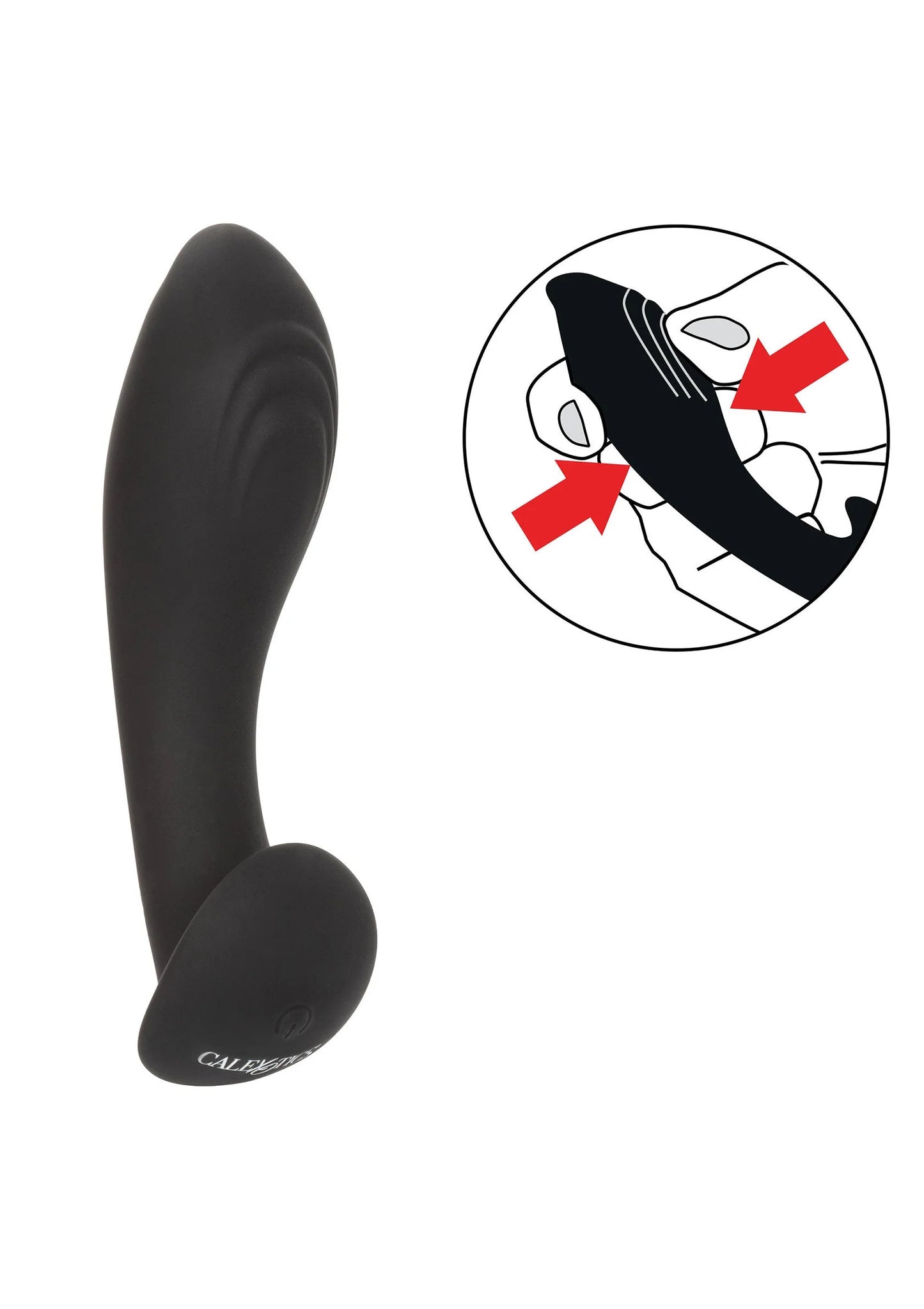 Zwarte flexibele probe vibrator met illustratie van de stand met rode pijlen.