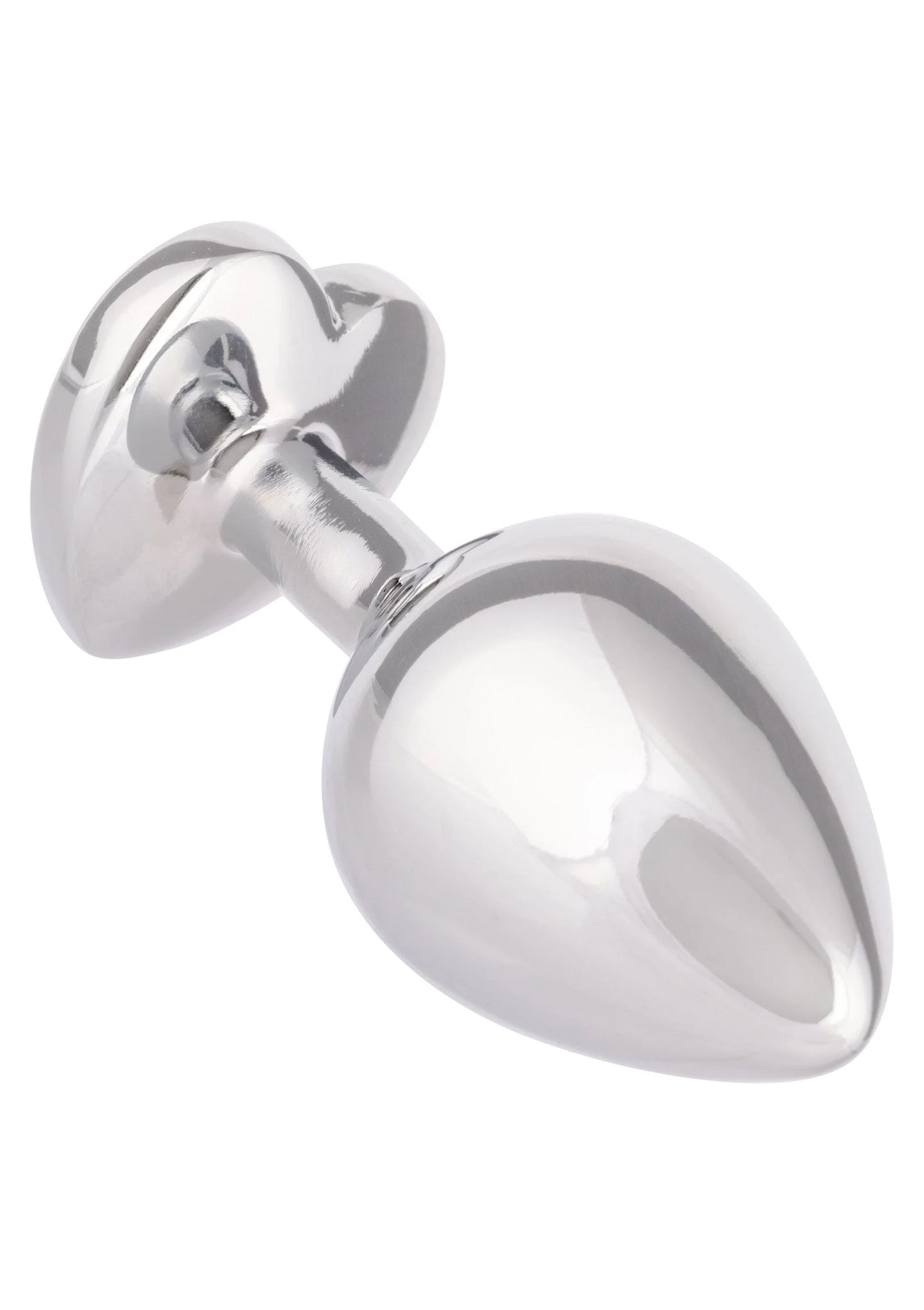 Glanzende metalen anale plug met ronde schijfvoet en taps toelopende vorm.