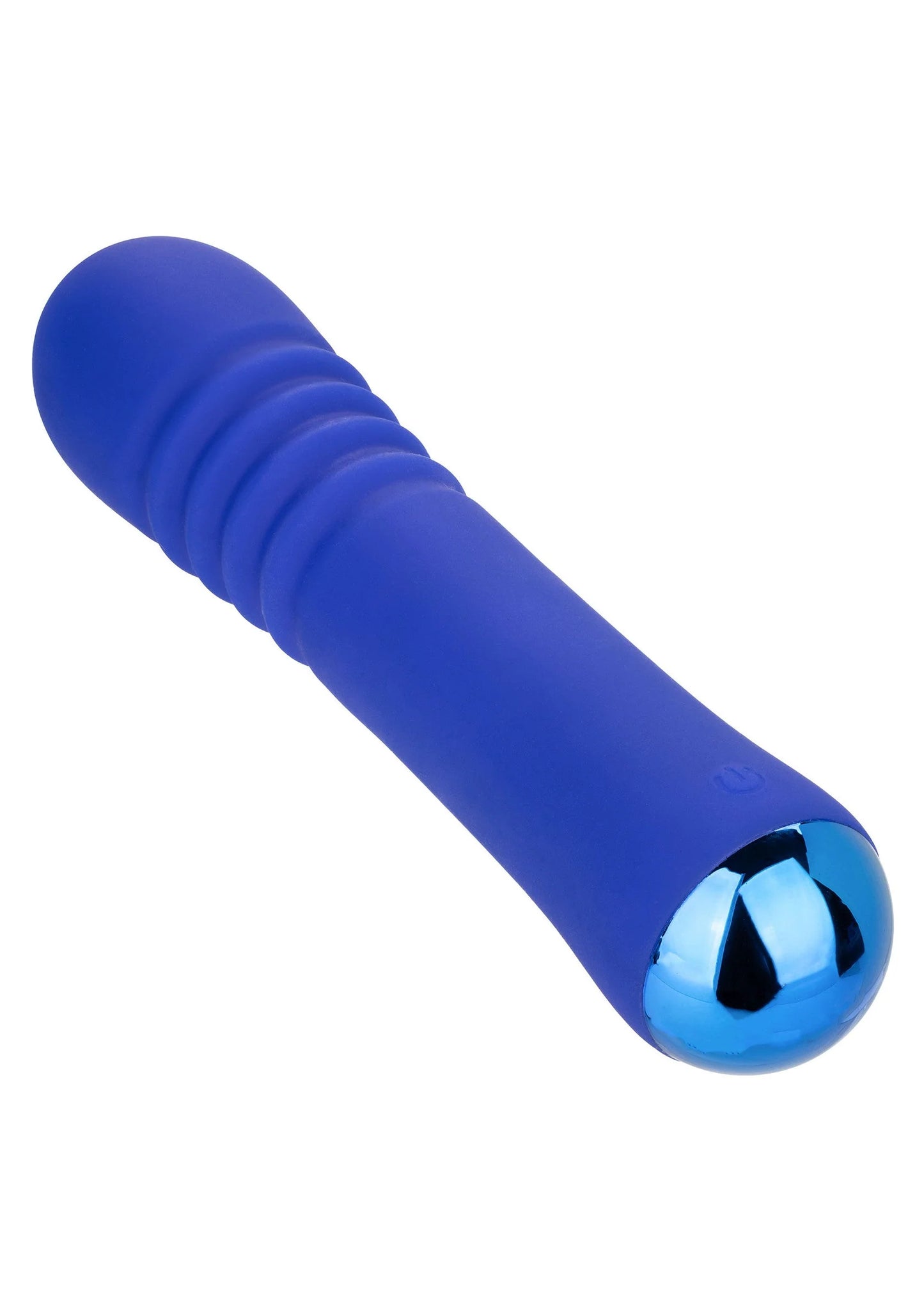 Blauwe thrusting-vibrator met ronde kop en geribbelde handgreep