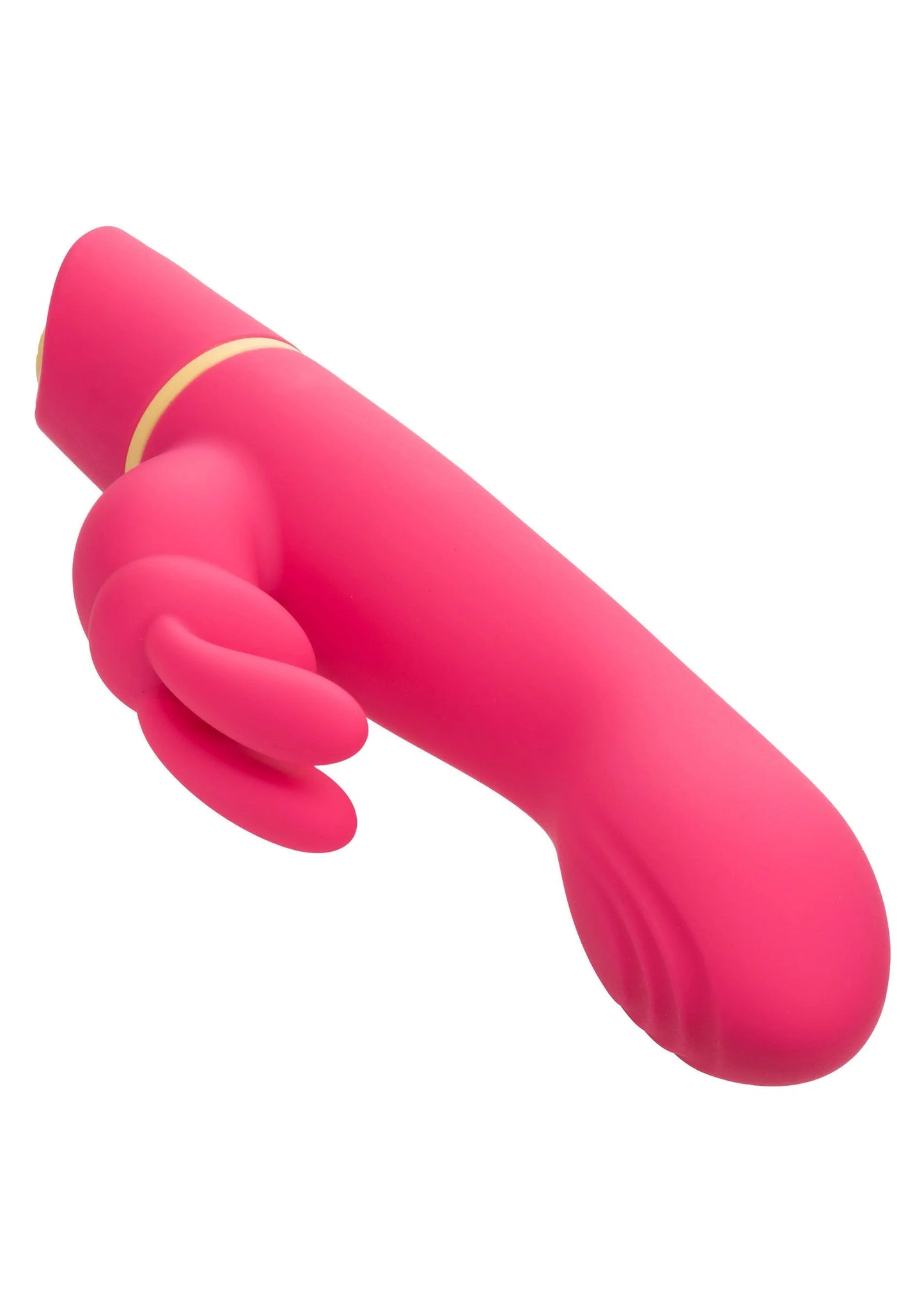 Roze siliconen konijnvibrator in liggende hoek, gele band bij de basis
