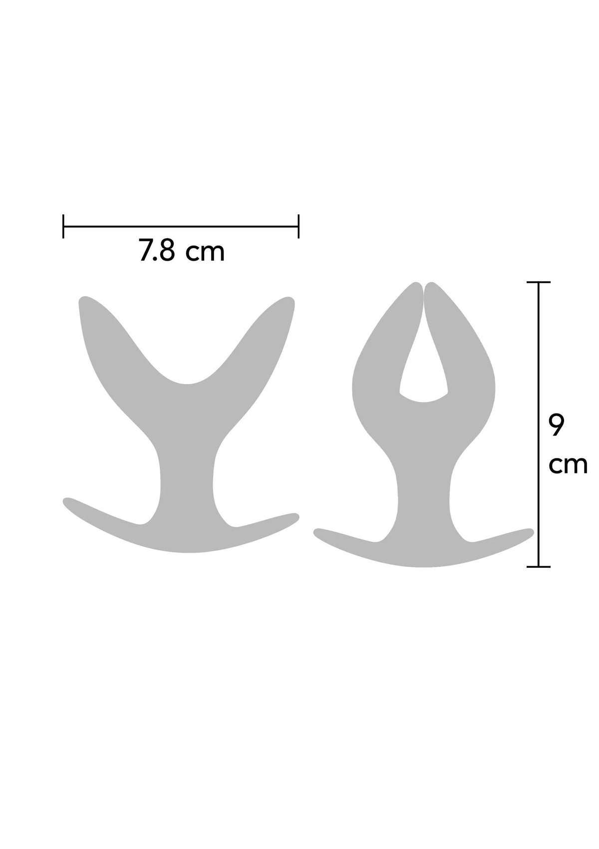 Anale plug-silhouetten met afmetingen: 7,8 cm breed en 9 cm hoog.