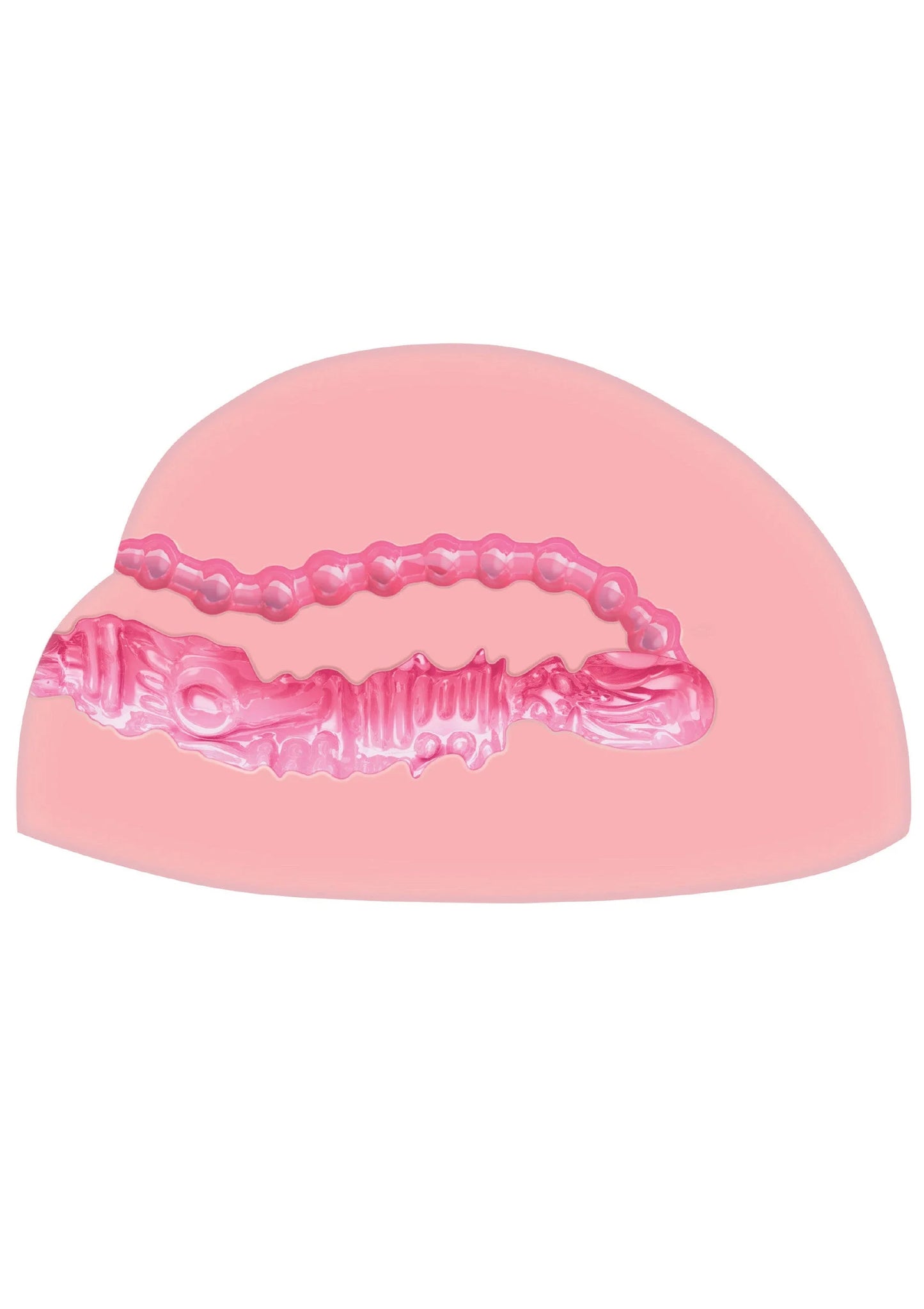 Vibrerende masturbator, roze transparante inzet met reliëf, close-up