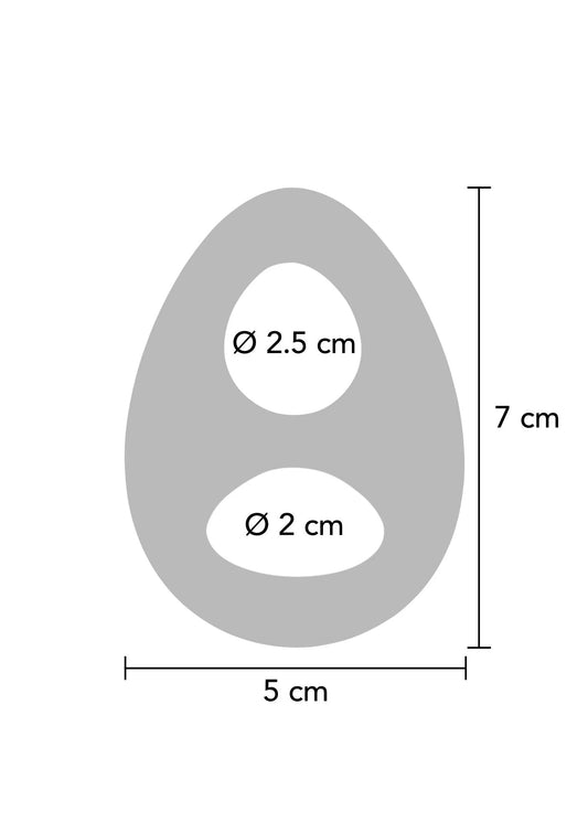 Afmetingen dubbele C-ring: 5 cm breed, 7 cm hoog; openingen Ø 2 cm en Ø 2,5 cm