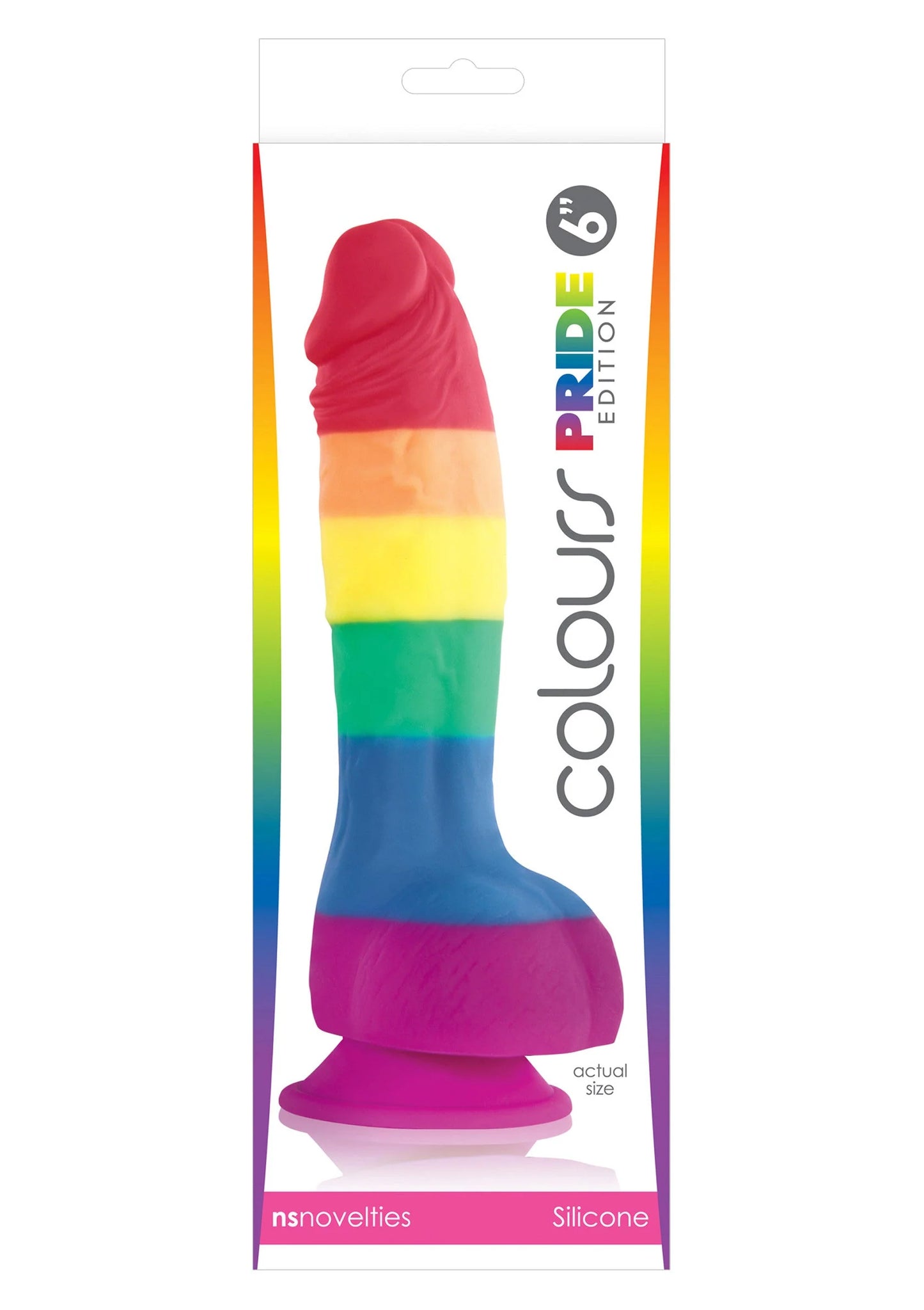 Verpakte regenboog siliconen dildo met roze punt en brede platte voet