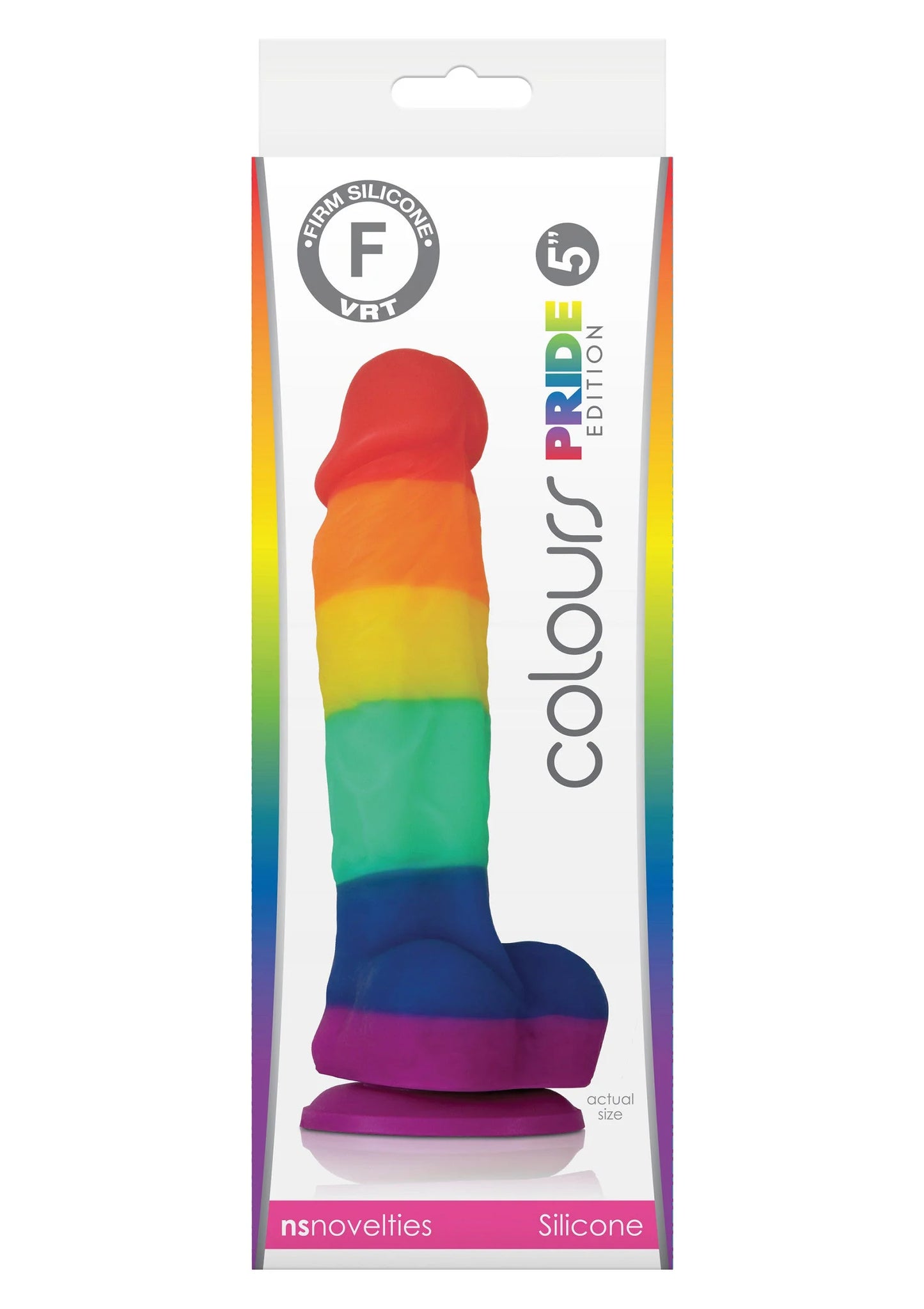 Doosverpakking van regenboogkleurige Pride Edition dildo, silicone en 5 inch