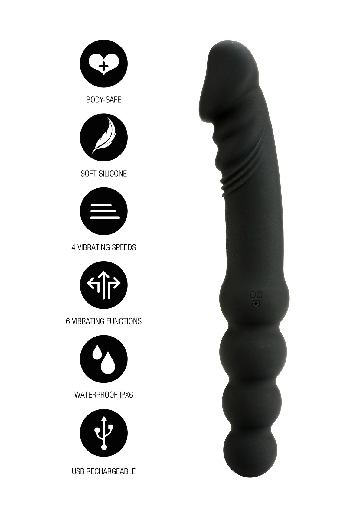 Zwarte siliconen anale vibrator met geribbelde schacht; waterdicht en USB-oplaadbaar