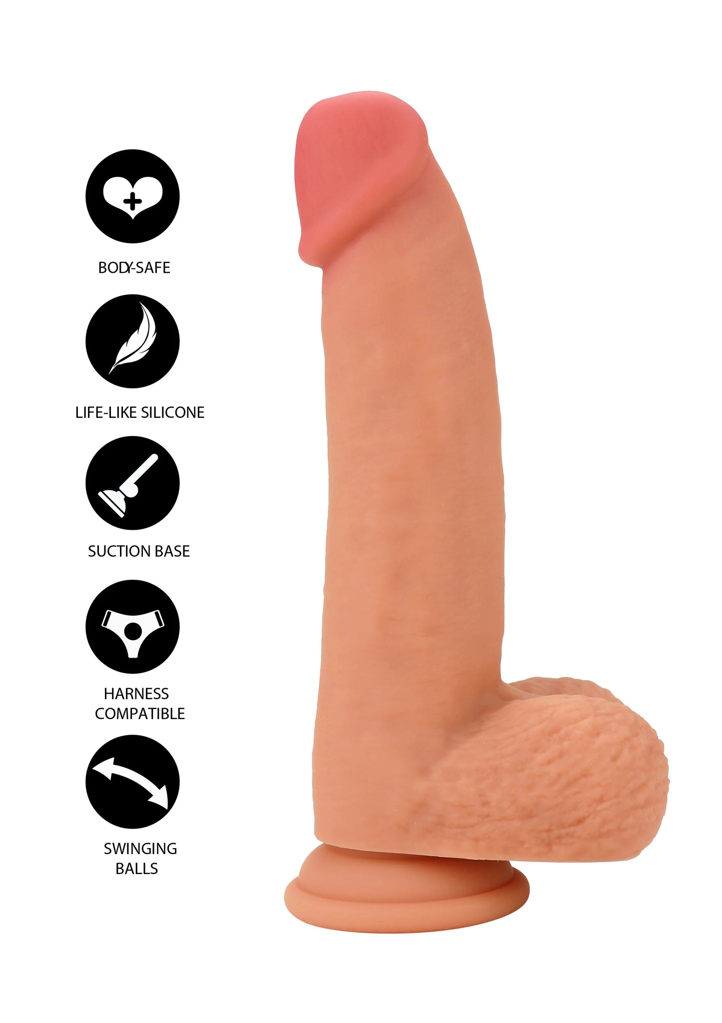 Realistische siliconen dildo met zuignapvoet, ronde basis en lichtroze kleur