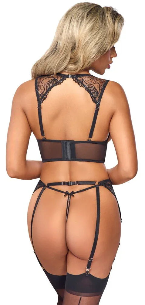Jarretelset met open cup, bh-top, jarretelgordel en kruisloze string (S M L XL XXL) - Happytoys Sexshop: Toys for Feeling Happy & Easy 😊 - Discreet geleverd