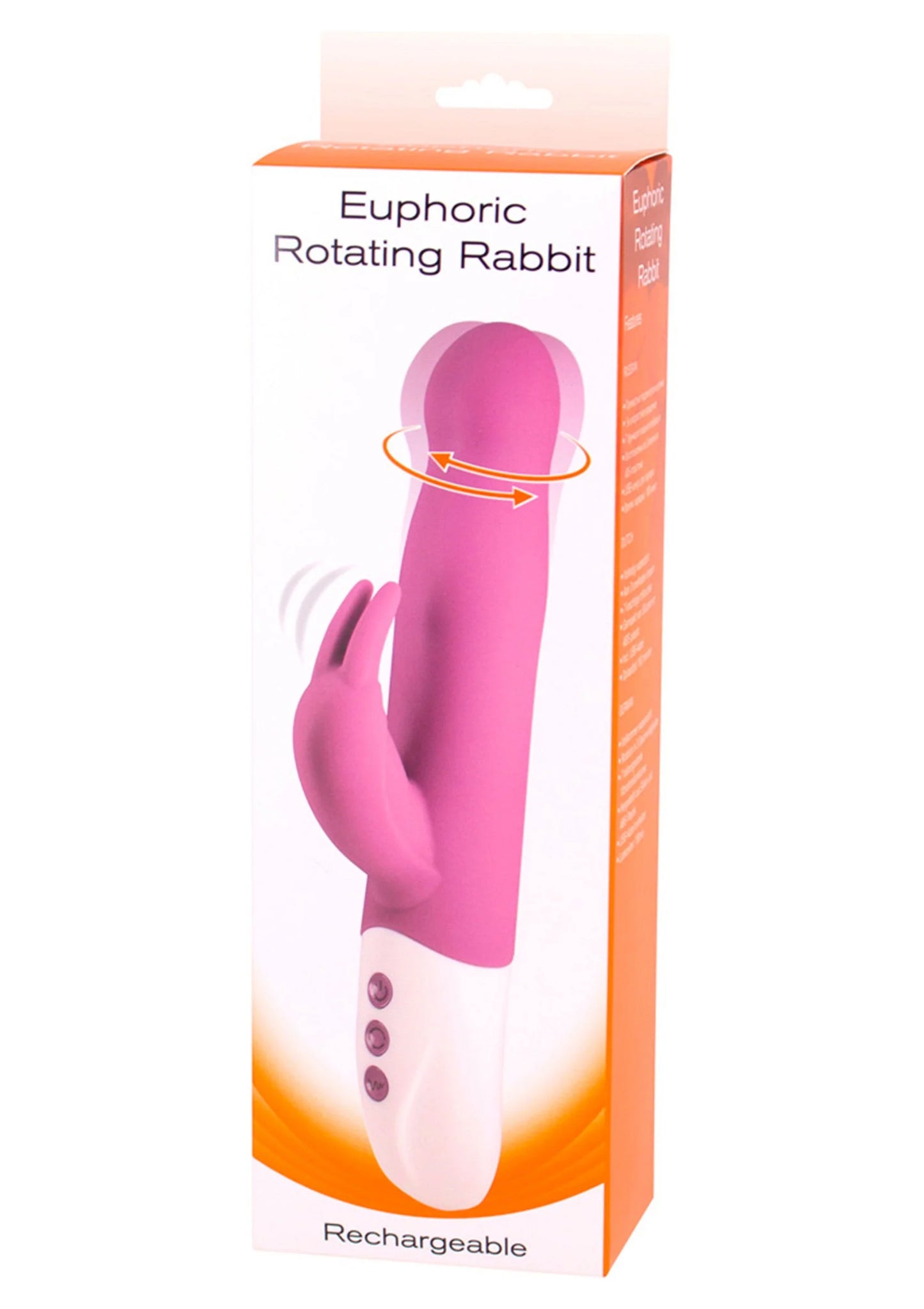 Doos met paarse roterende konijn-vibrator en pijlsymbool voor rotatie, oplaadbaar