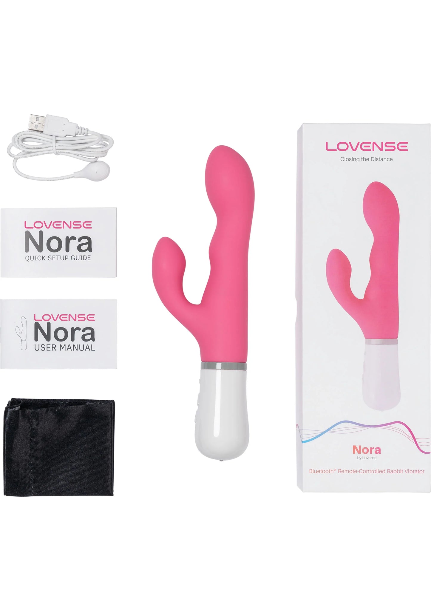 Lovesense Nora accessoires: roze vibrator, handleiding, kabel en opbergtas