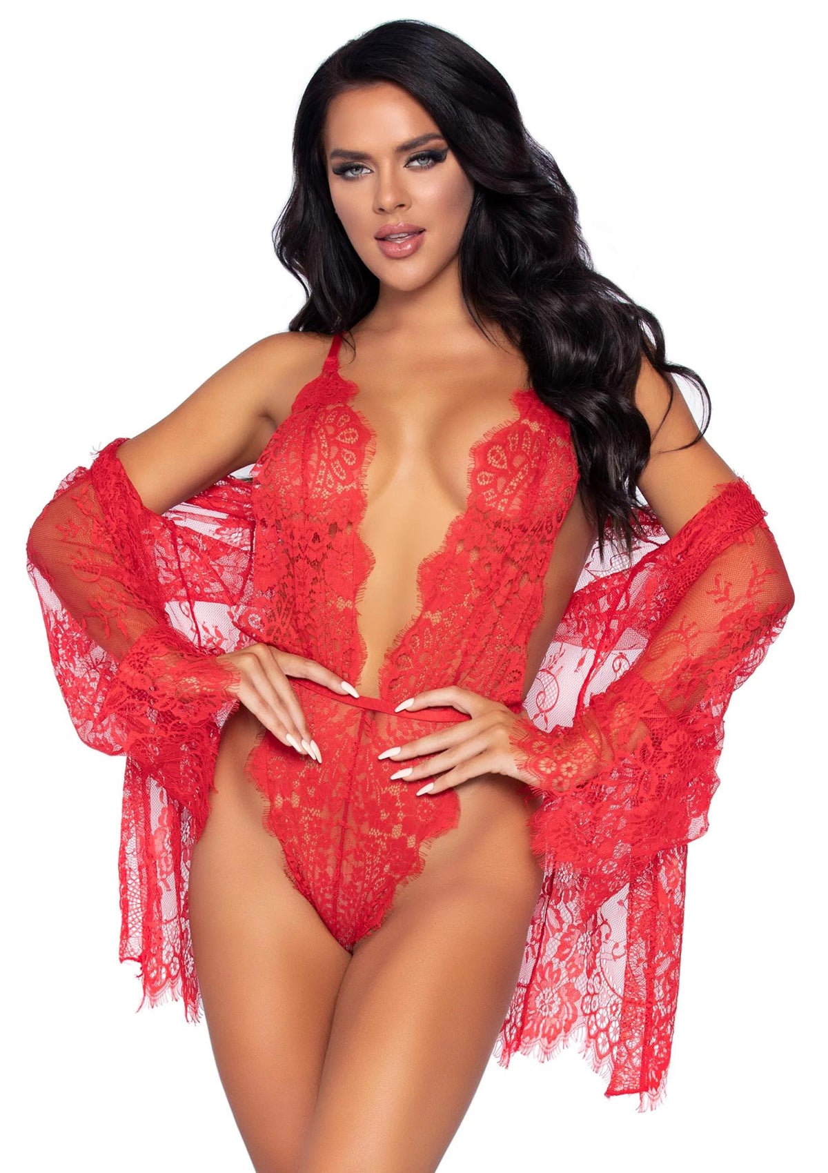 Teddy with Cheeky Thong and Lace Robe by Leg Avenue
