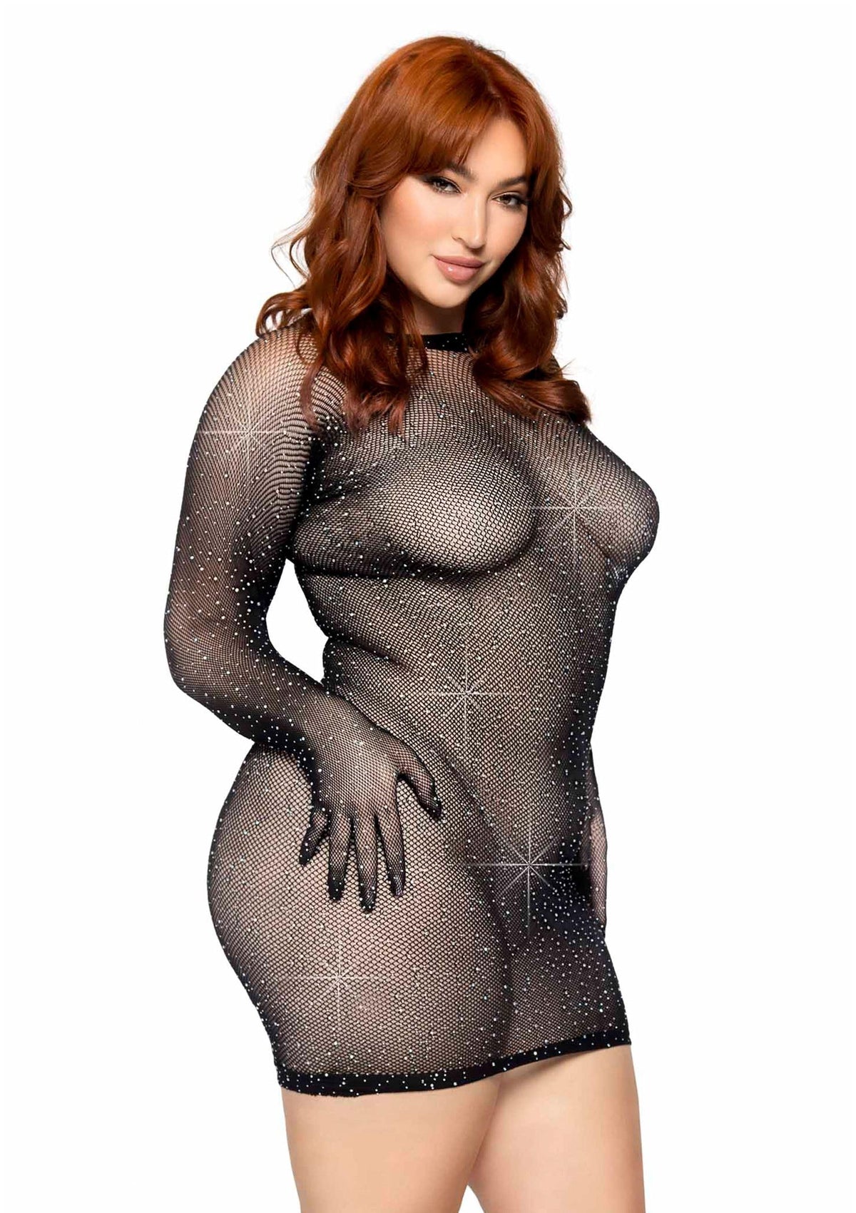Bestel: Plus Rhinestone Fishnet Gloved Mini Dress - bij Happytoys.nl, happytoys.be, Happytoys.ae: erotische sex webshop | liever Happy dan Easy ⭐⭐⭐⭐⭐