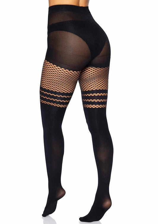 Zwarte panty met transparante mesh en visnet strepen op de bovenbenen