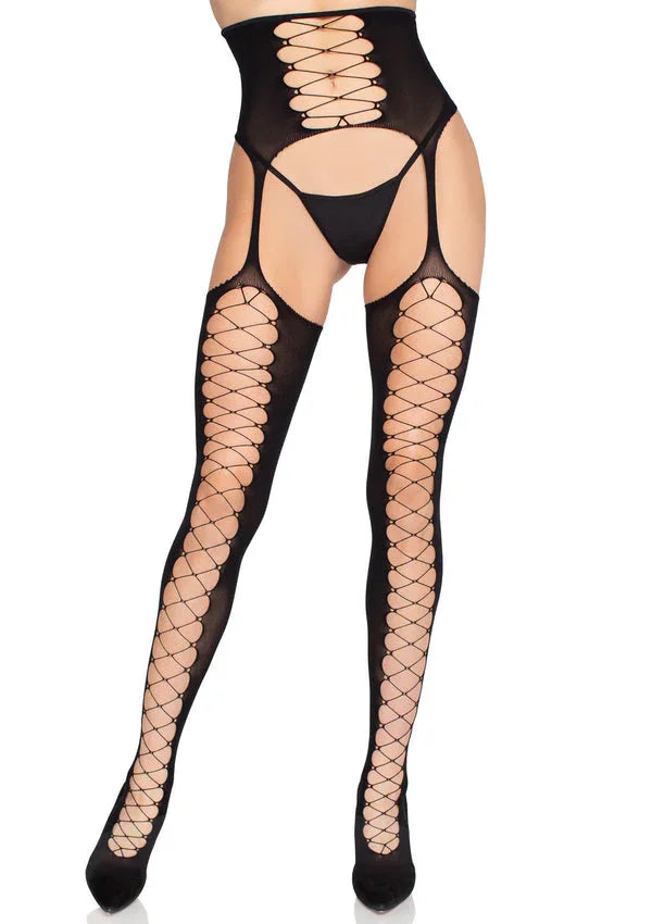 Bestel: Stockings with Attached Garter Belt by Leg Avenue - bij Happytoys.nl, happytoys.be, Happytoys.ae: erotische sex webshop | liever Happy dan Easy ⭐⭐⭐⭐⭐ - Zwart - One Size - 88080 - BLACK - O/S