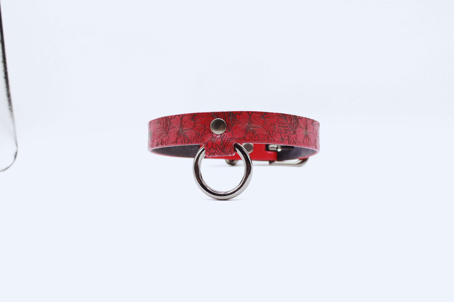 Submissive Collar Red Floral Leather Choker | Discreet Day Collar