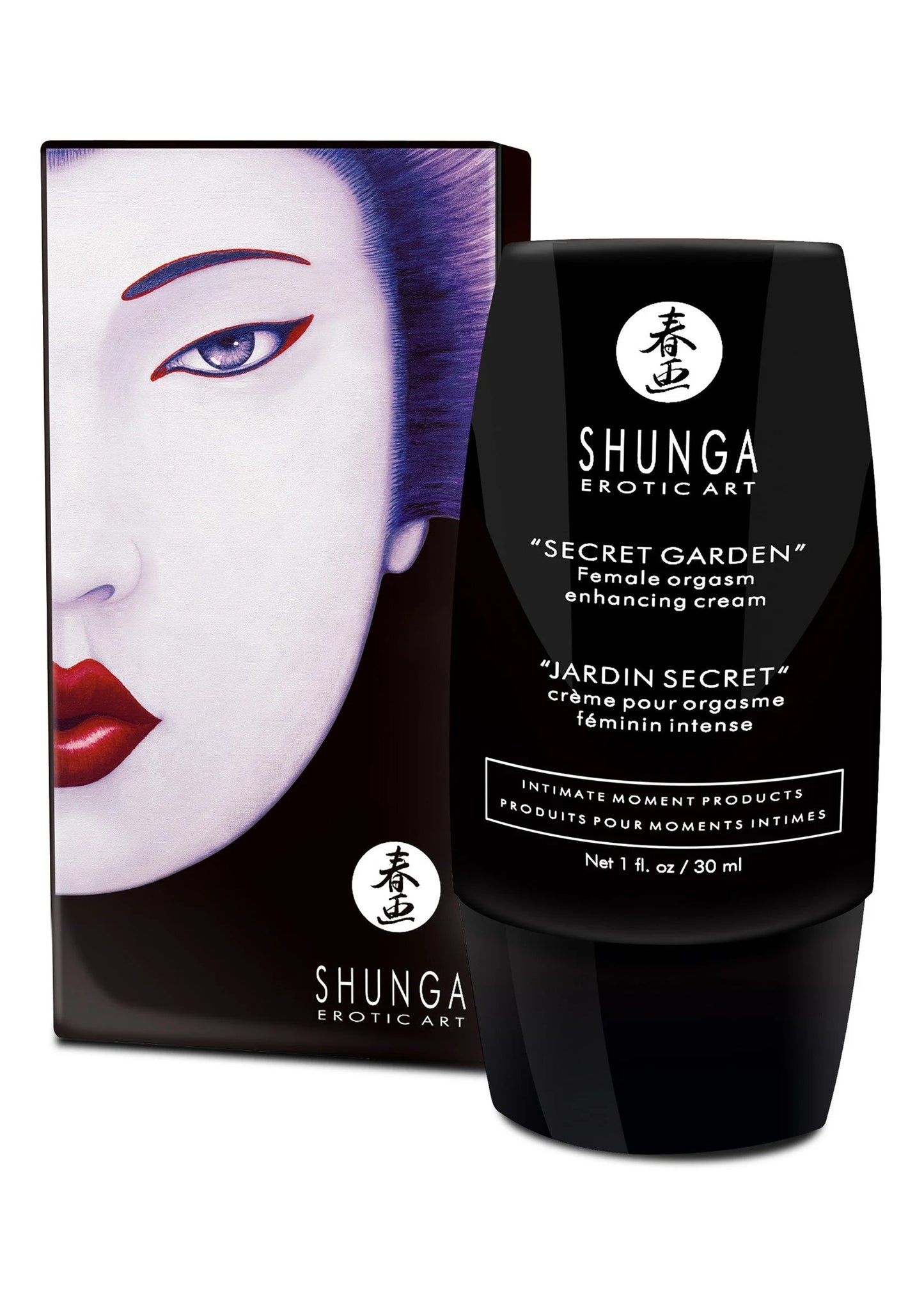 Shunga Secret Garden intimiteitsgel in zwarte fles naast doos met gezicht, 30 ml