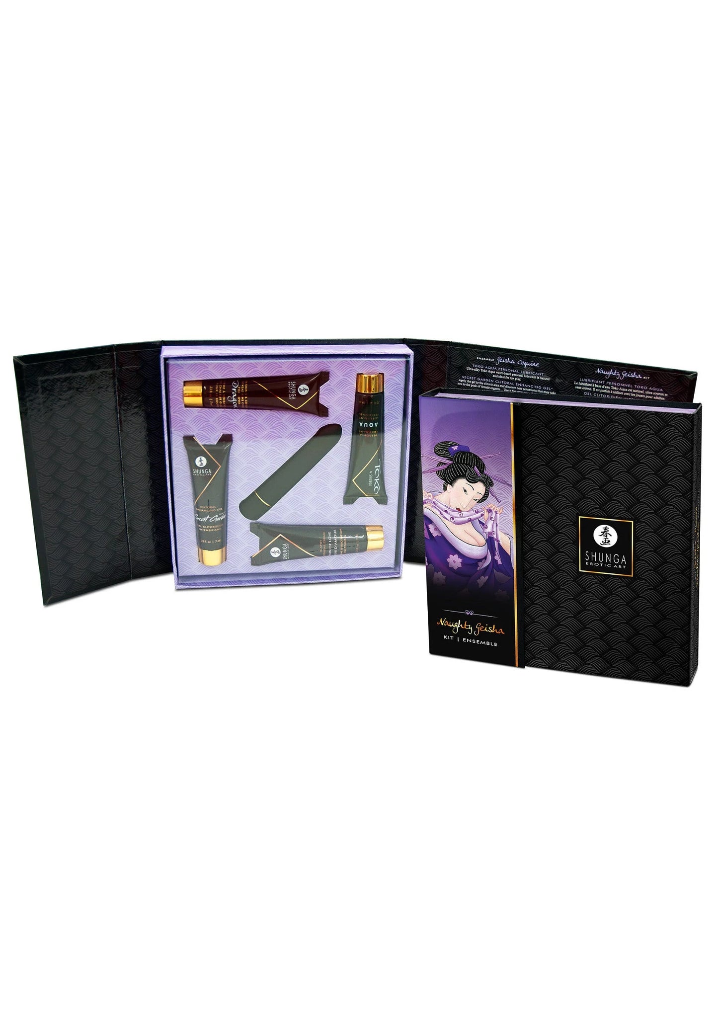 Shunga ondeugende geisha-kit met verpakkingsdozen, boekje en tubes in serie