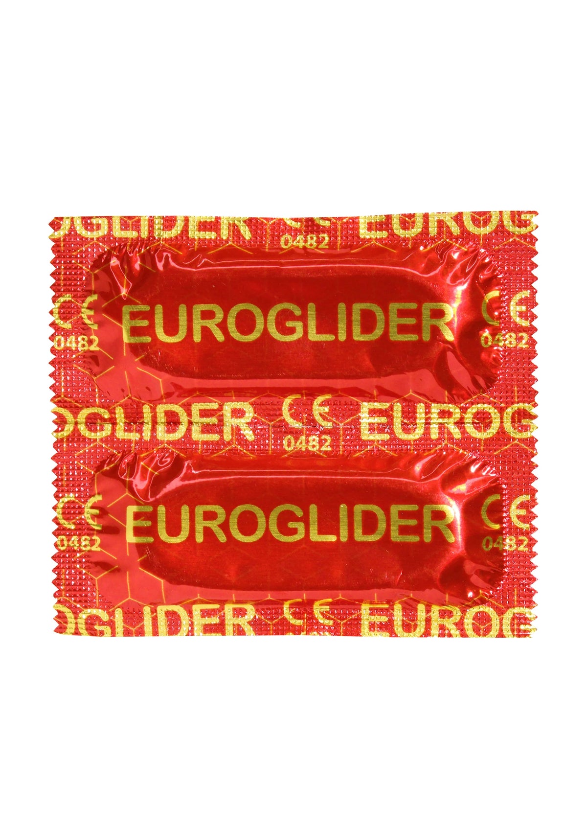 Rode Euroglider condoomwikkel met herkenbare merknaam