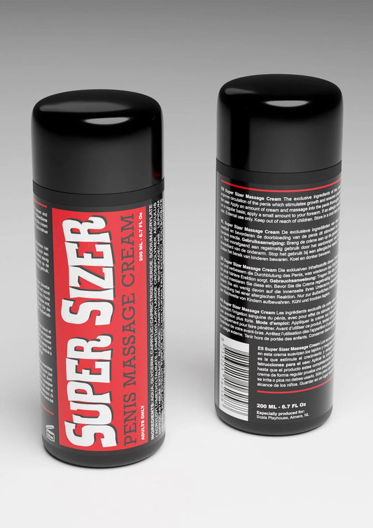 Stimulerende peniscrème in zwarte fles met wit achteretiket en barcode, 200 ml