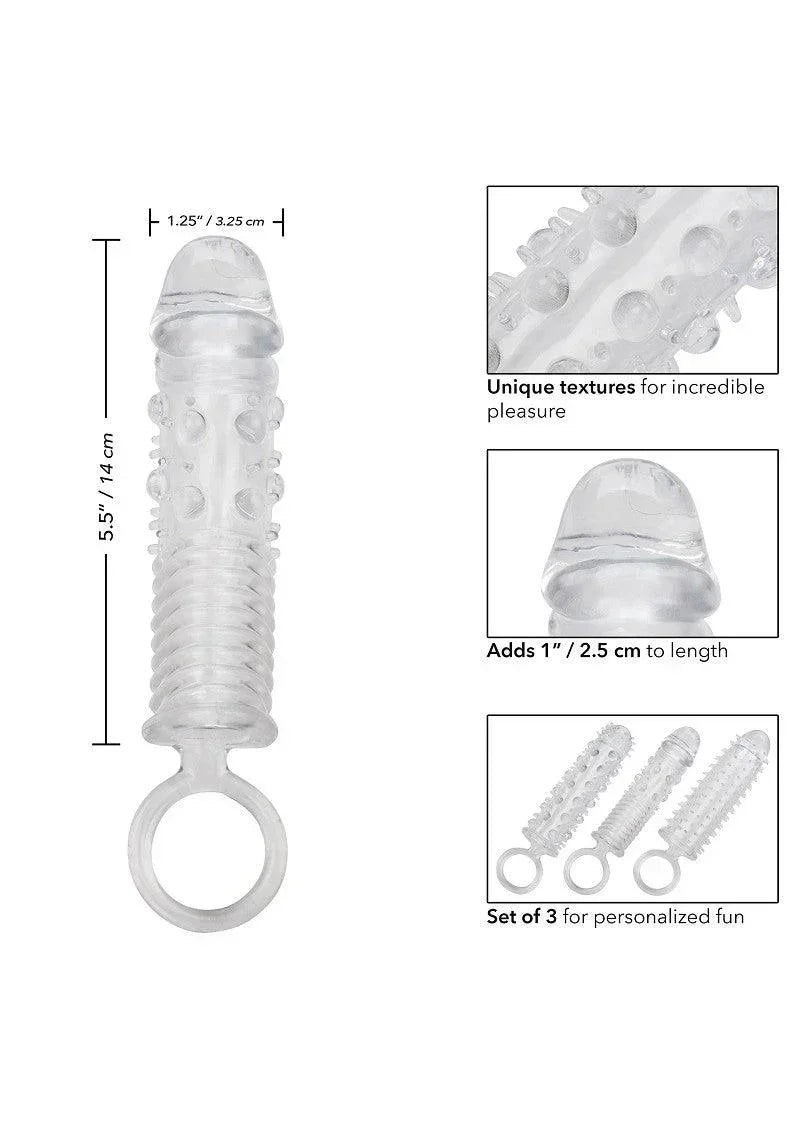 Bestel: 3 Piece Textured Extension Set by CalExotics - bij Happytoys.nl, happytoys.be, Happytoys.ae: erotische sex webshop | liever Happy dan Easy ⭐⭐⭐⭐⭐