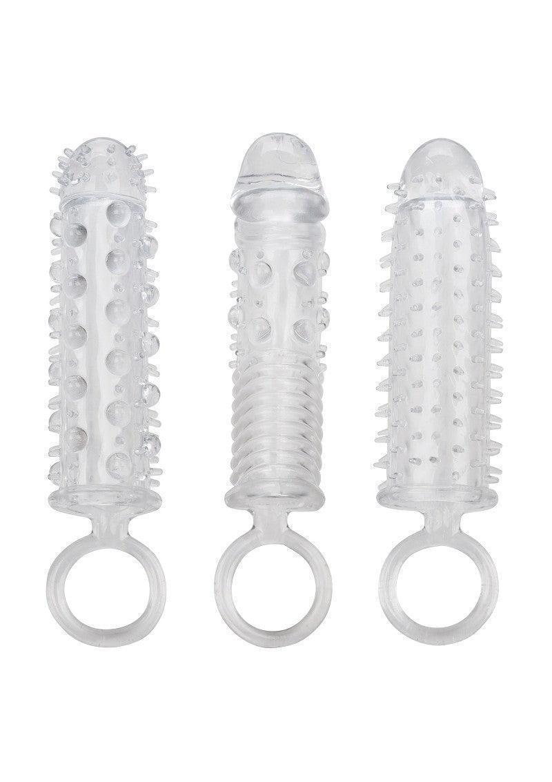 Bestel: 3 Piece Textured Extension Set by CalExotics - bij Happytoys.nl, happytoys.be, Happytoys.ae: erotische sex webshop | liever Happy dan Easy ⭐⭐⭐⭐⭐